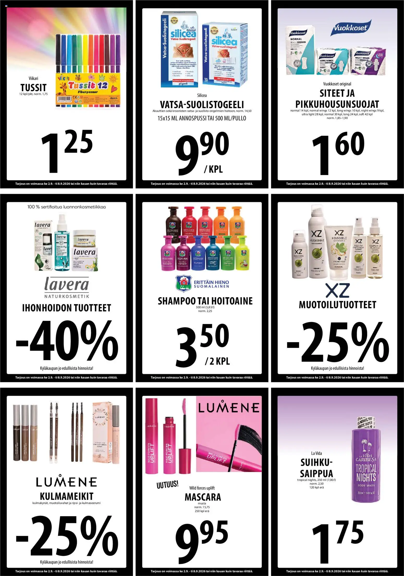 Tuuri tarjoukset – voimassa 02/09/2026 alkaen | Sivu: 15 | Tuotteet: Vadelma, Shampoo, Hoitoaine, Siteet