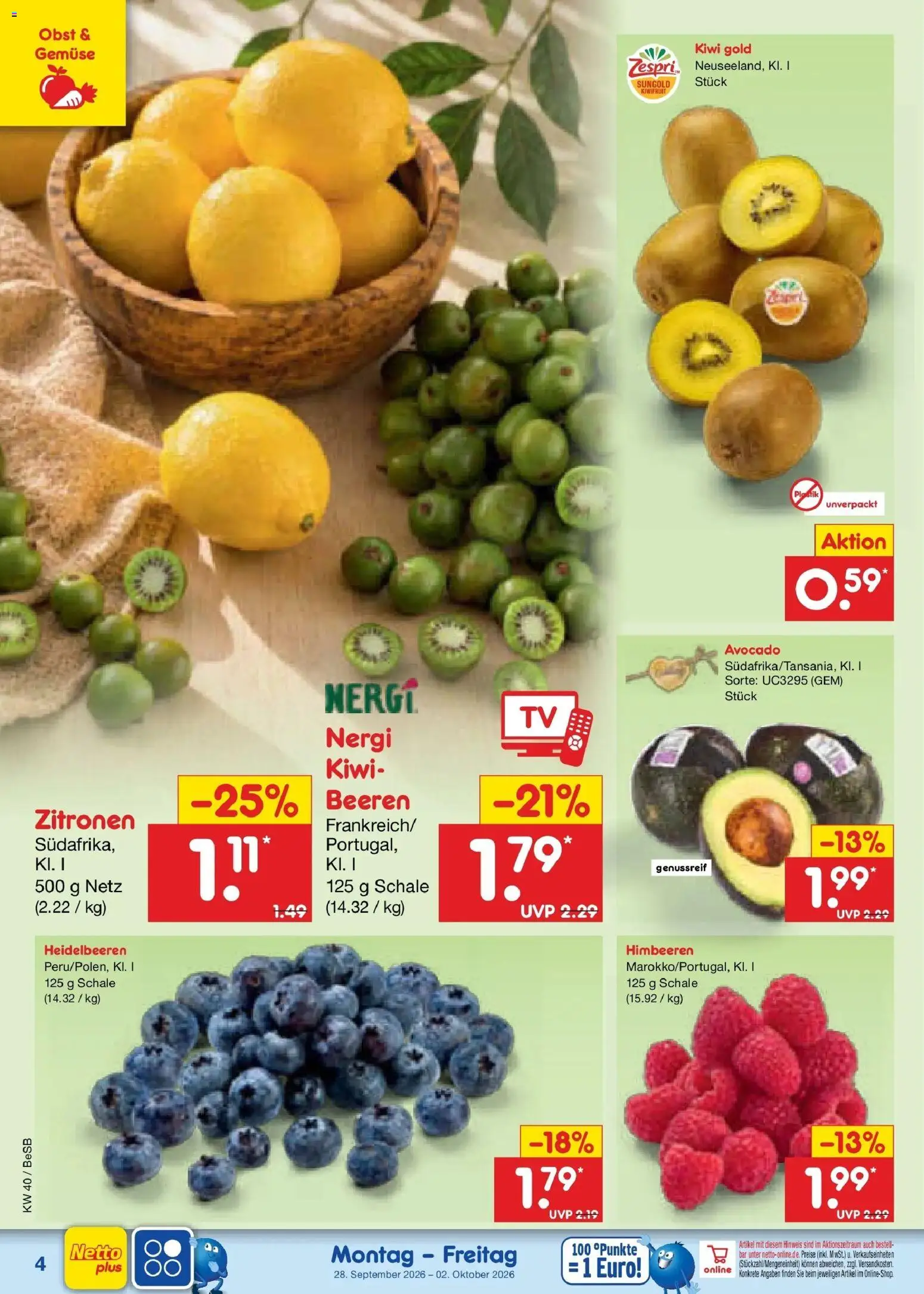 Netto Marken-Discount Prospekt Kremmen – gültig ab 28.09.2026 | Seite: 4 | Produkte: Himbeeren, Heidelbeeren, Obst, Zitronen
