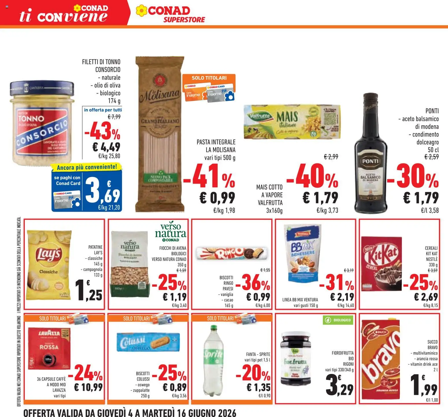 Volantino Conad del 04.06.2026 | Pagina: 28 | Prodotti: Succo, Patatine, Fanta, Mais