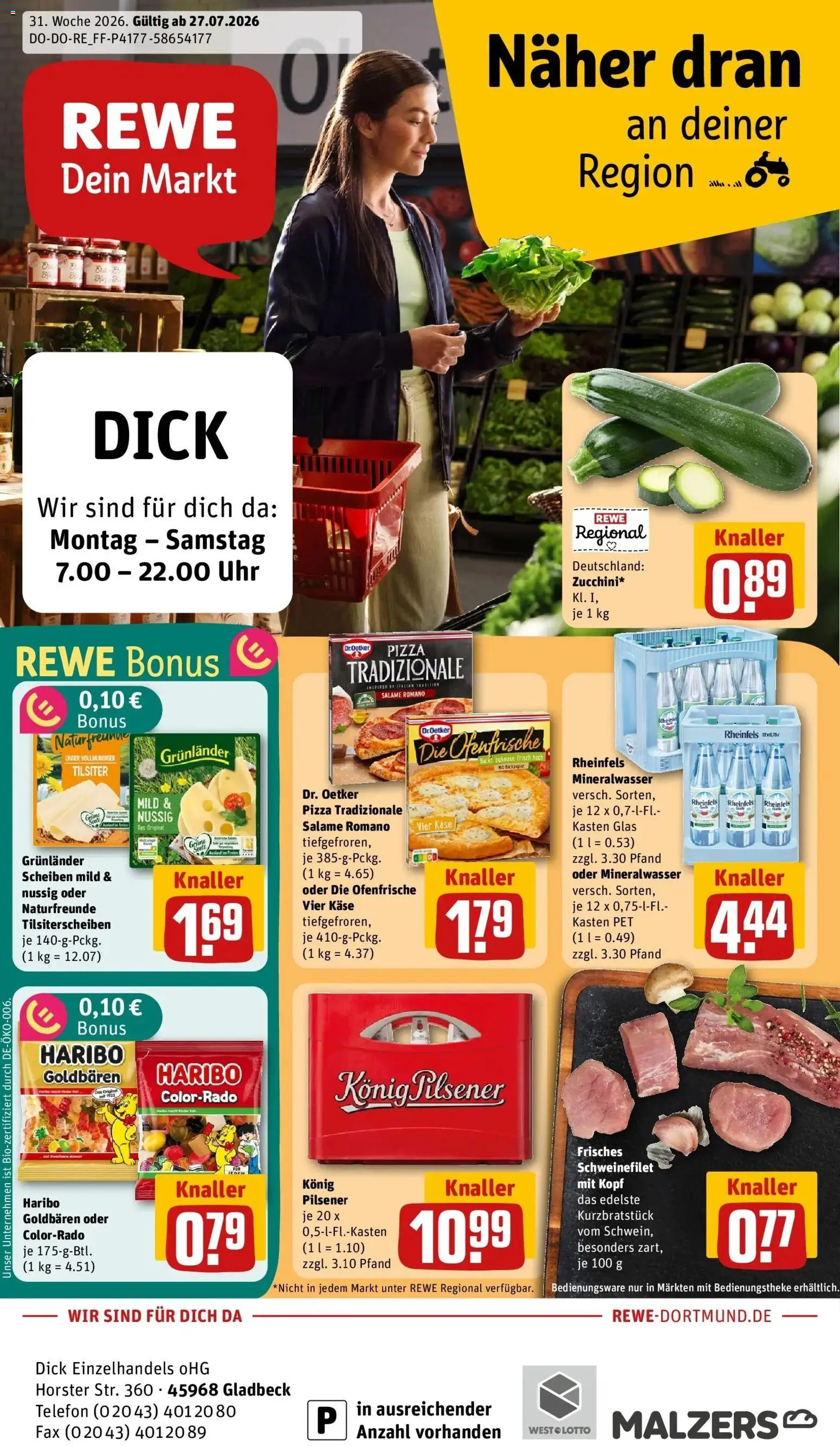 Rewe Prospekt Gladbeck – gültig ab 27.07.2026 | Seite: 1 | Produkte: Haribo, Ofenfrische, Mineralwasser, Grunlander