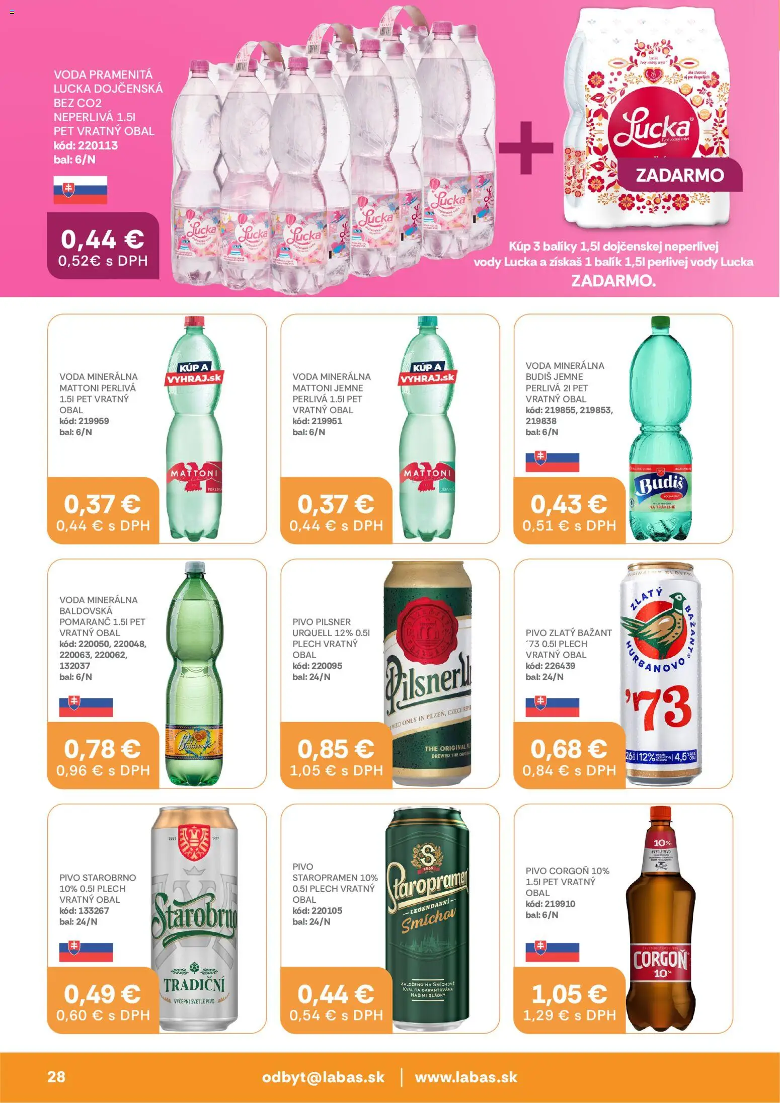 Nové Labaš akcie – leták je platný od 14.08.2026 | Strana: 28 | Produkty: Pivo, Zlatý Bažant, Corgoň, Voda