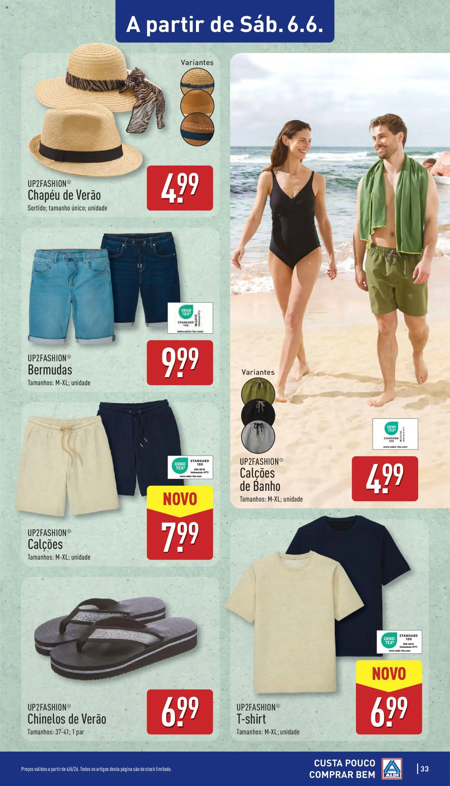 Aldi folheto │ válido de 01.06.2026 | Página: 33 | Produtos: Chinelos, Chapéu, Calções, Banho