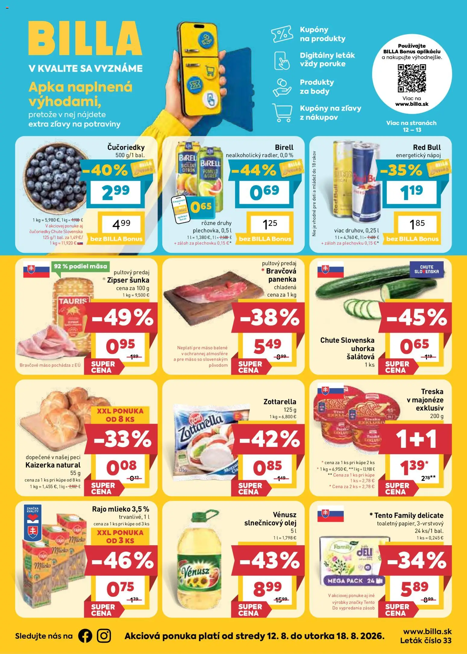 Nové Billa akcie – leták je platný od 12.08.2026 | Strana: 1 | Produkty: Mlieko, Šunka, Mozzarella, Bravčové mäso