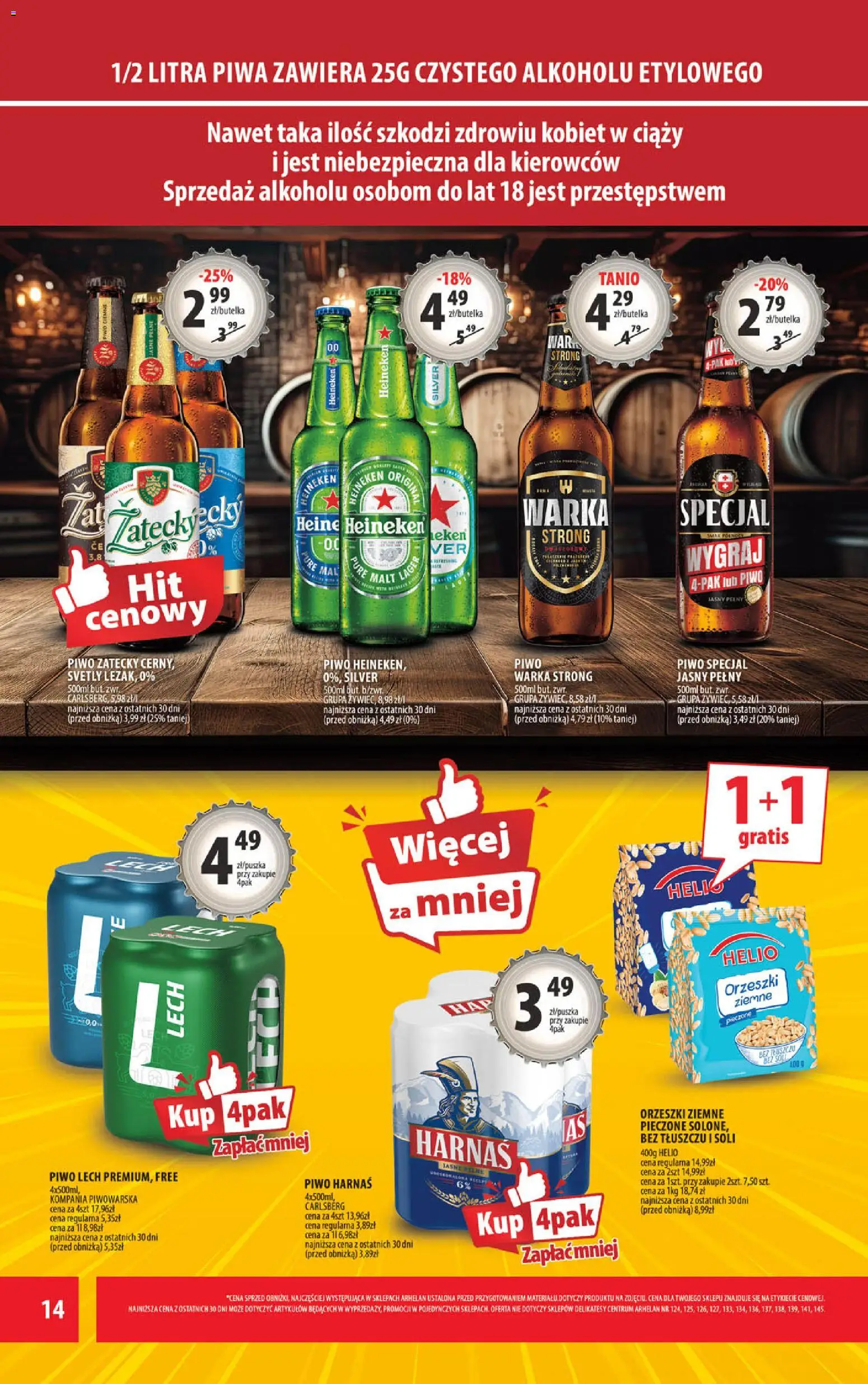 Arhelan gazetka od 31.07.2026 | Strona: 14 | Produkty: Piwo Warka, Harnaś, Orzeszki ziemne, Heineken