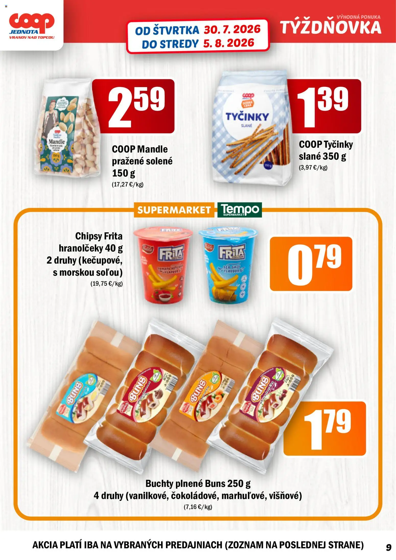 Nové COOP Jednota akcie – leták je platný od 30.07.2026 | Strana: 9 | Produkty: Chipsy, Mandle