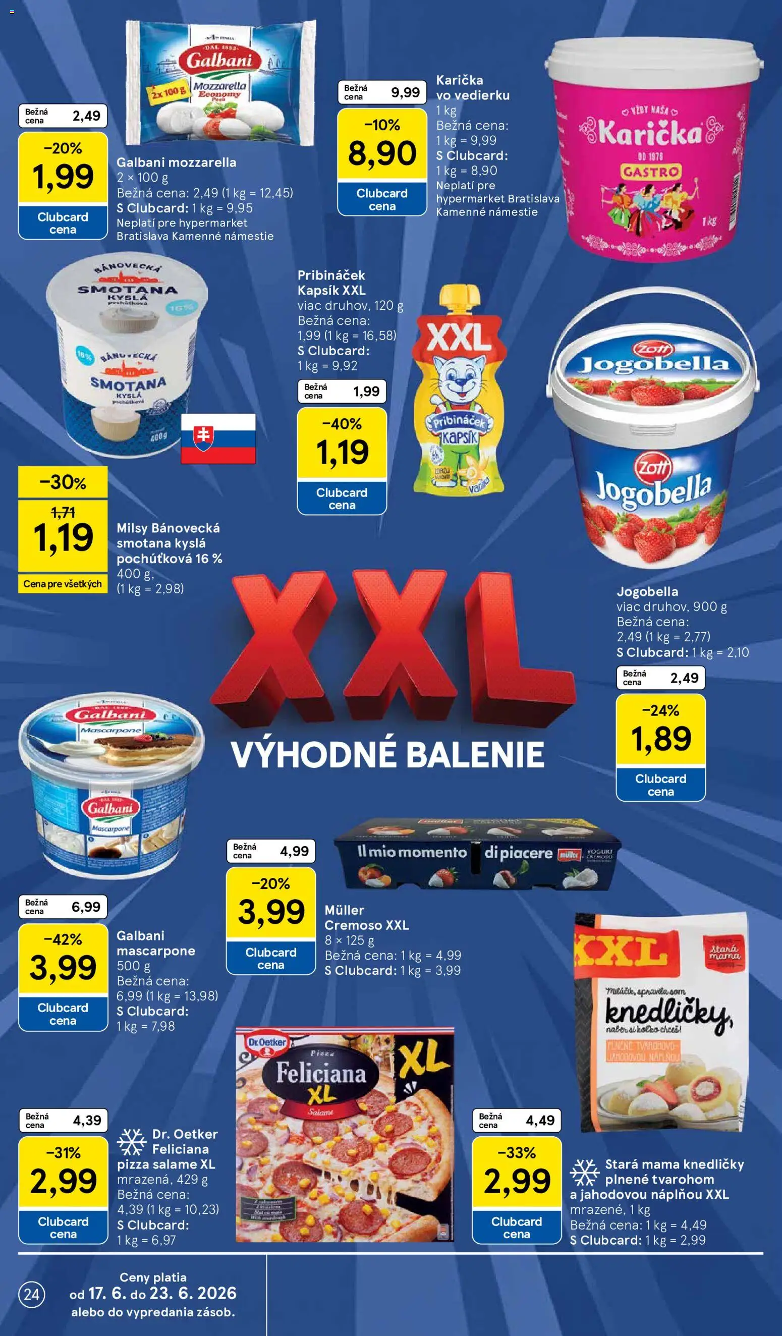 Nové Tesco akcie – leták je platný od 17.06.2026 | Strana: 24 | Produkty: Pizza, Smotana, Mozzarella, Mascarpone