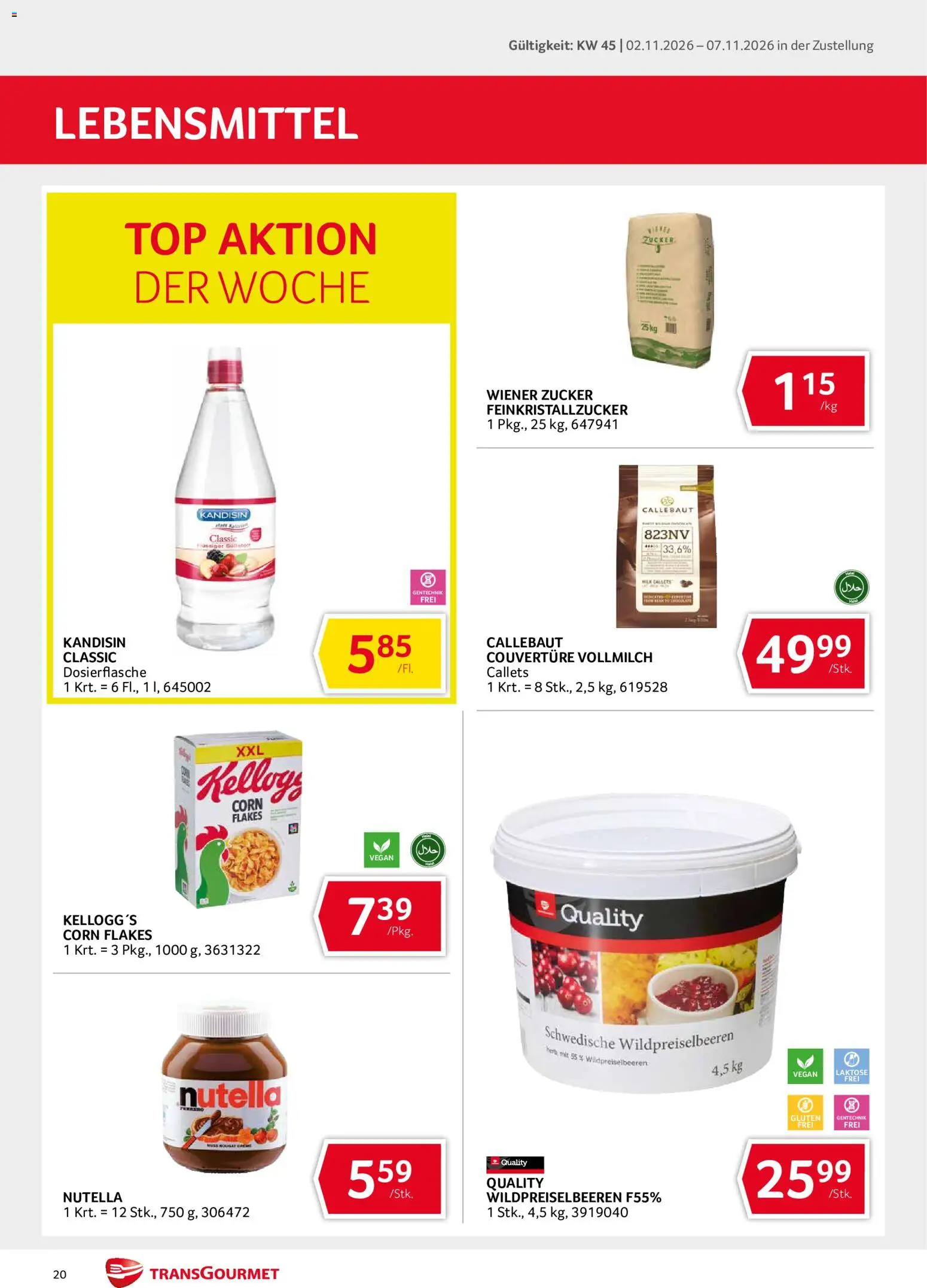 Transgourmet Flugblatt gültig ab 02.11.2026 | Seite: 20 | Produkte: Zucker, Nutella, Vollmilch, Creme