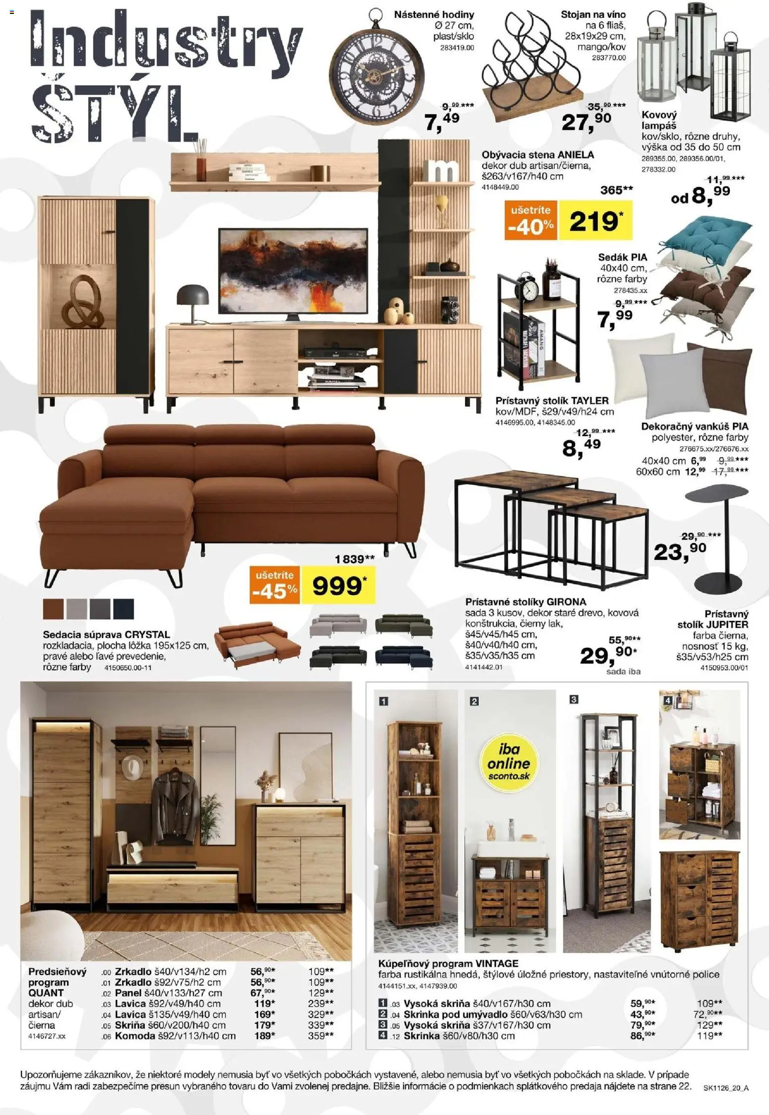 Nové Sconto nábytok akcie – leták je platný od 26.08.2026 | Strana: 20 | Produkty: Sedacia súprava, Skriňa, Vankúš, Skrinka pod umývadlo