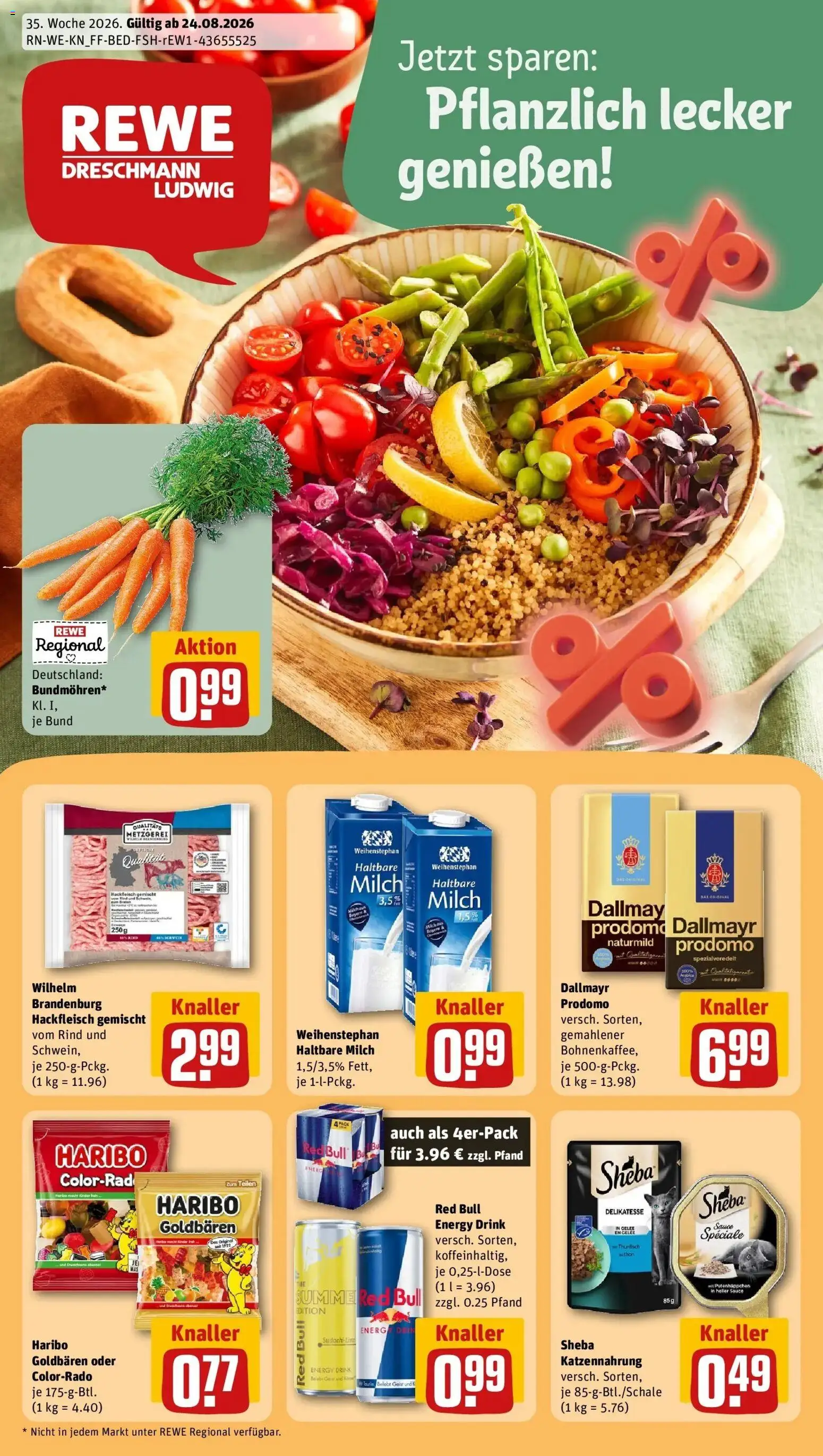 REWE Prospekt ab 24.08.2026 zum Blättern » Angebote | Seite: 1 | Produkte: Milch, Energy, Haltbare milch, Hackfleisch