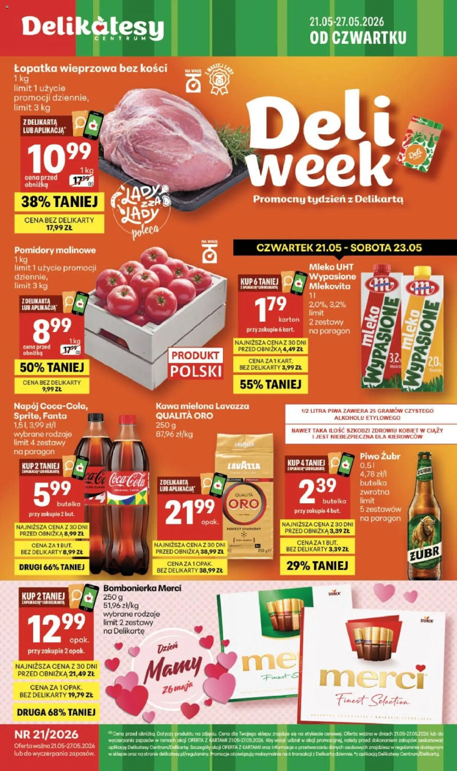 Delikatesy Centrum gazetka - Sklepy Własne od 21.05.2026 | Strona: 1 | Produkty: Merci, Łopatka wieprzowa, Mleko, Piwo