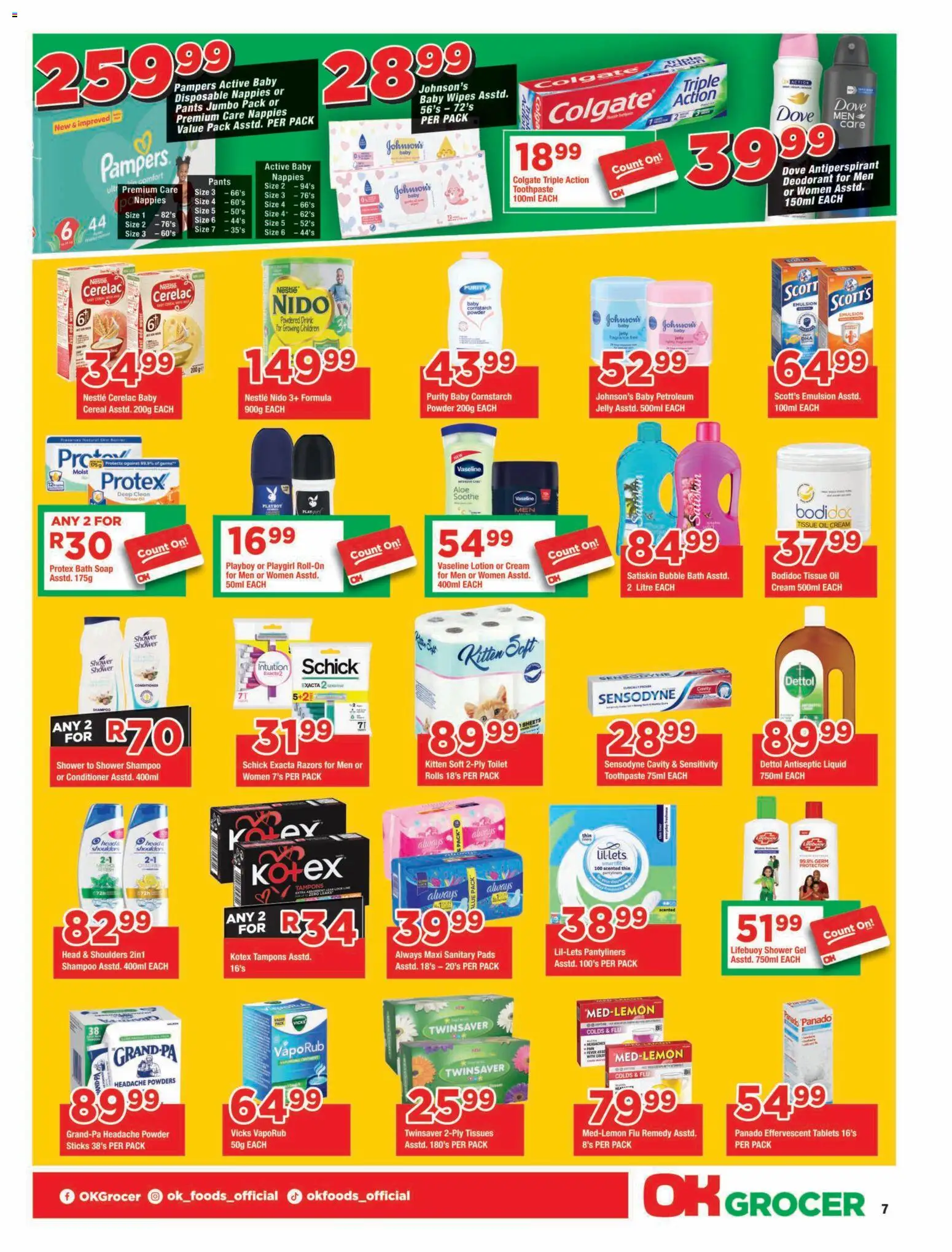 New OK Foods catalogue – valid from 25/08/2026 | Page: 7 | Products: Tissue oil, Cream, Deodorant, Nappies