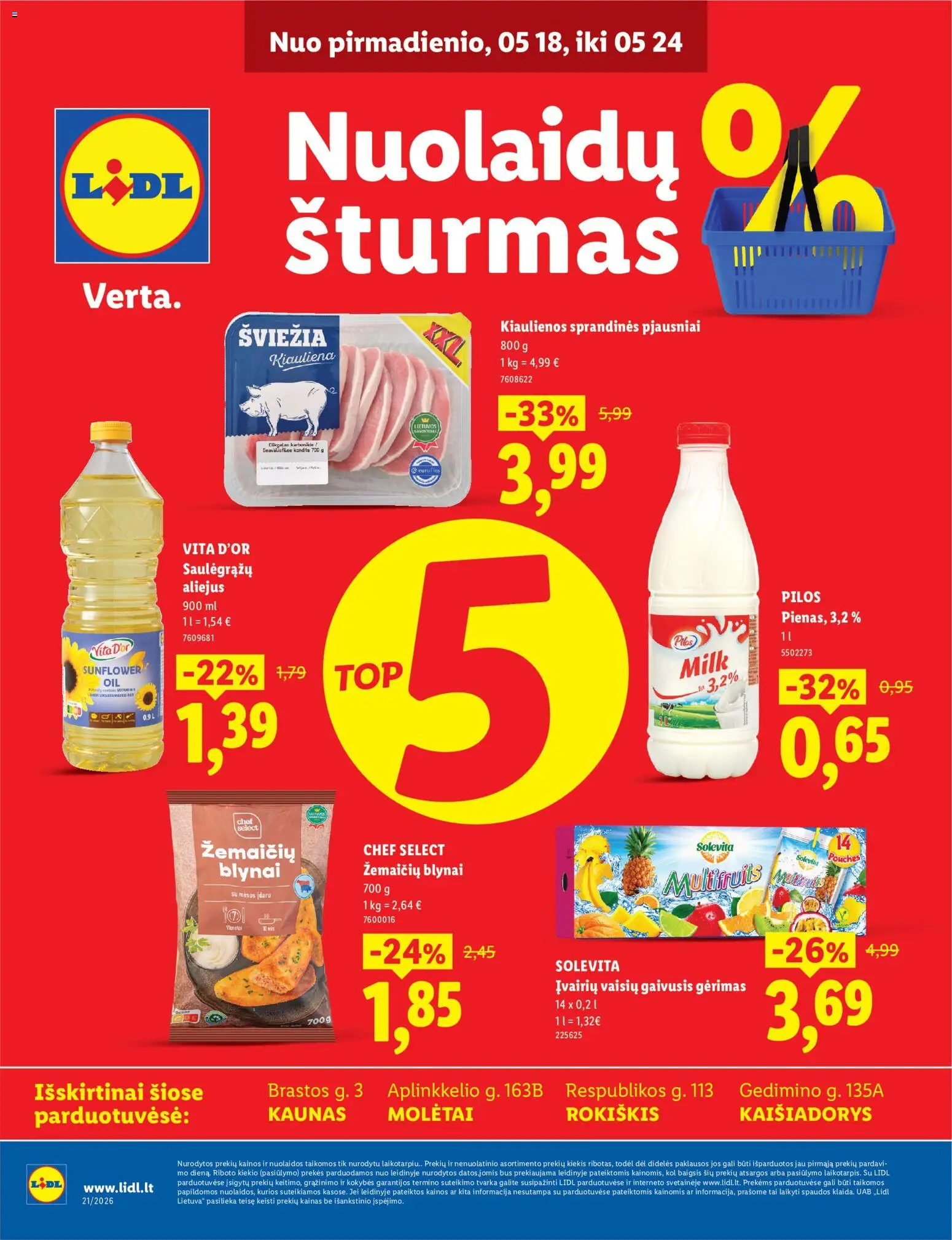LIDL akcijos nuo 18.05.2026 | Puslapis: 1 | Prekių: Gaivusis gėrimas, Kiaulienos, Aliejus, Kiauliena
