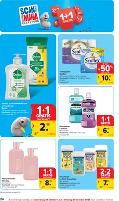 Mondwater Listerine, alle soorten. Voorbeeld: mondwater Total Care. - Voorbeeld van een folder van Carrefour, geldig van 14/10/2026 | Pagina: 24 | Producten: Listerine, Handzeep, Gel, Toilet