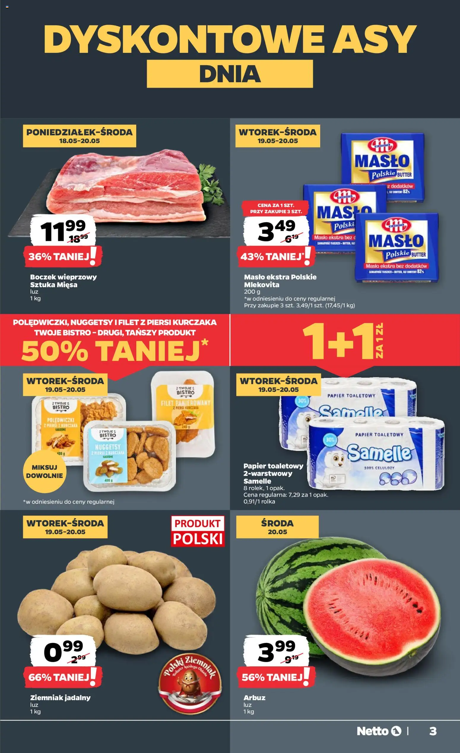 Netto gazetka od poniedziałku spożywcza od 18.05.2026 | Strona: 3 | Produkty: Masło Polskie, Piersi, Papier toaletowy, Filet z piersi kurczaka