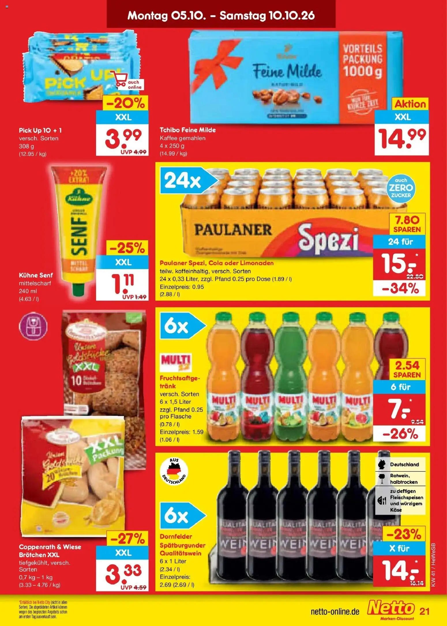 Netto Marken-Discount Prospekt Hamburg (ab 05.10.2026) » Angebote | Seite: 21 | Produkte: Cola, Käse, Kaffee, Zucker