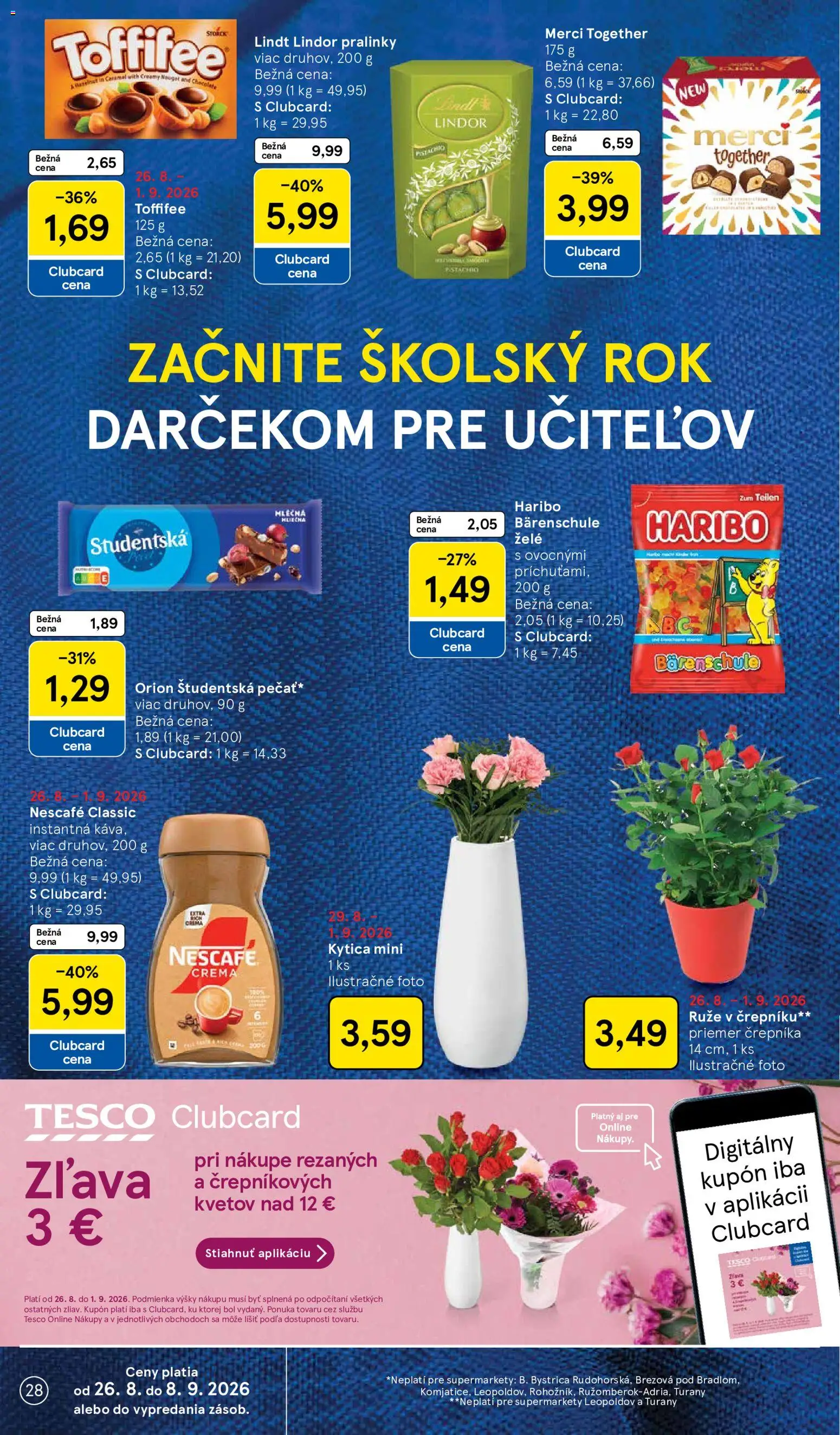 Nové Tesco akcie – leták je platný od 26.08.2026 | Strana: 28 | Produkty: Káva, Instantná káva, Ruže, Nescafé Classic
