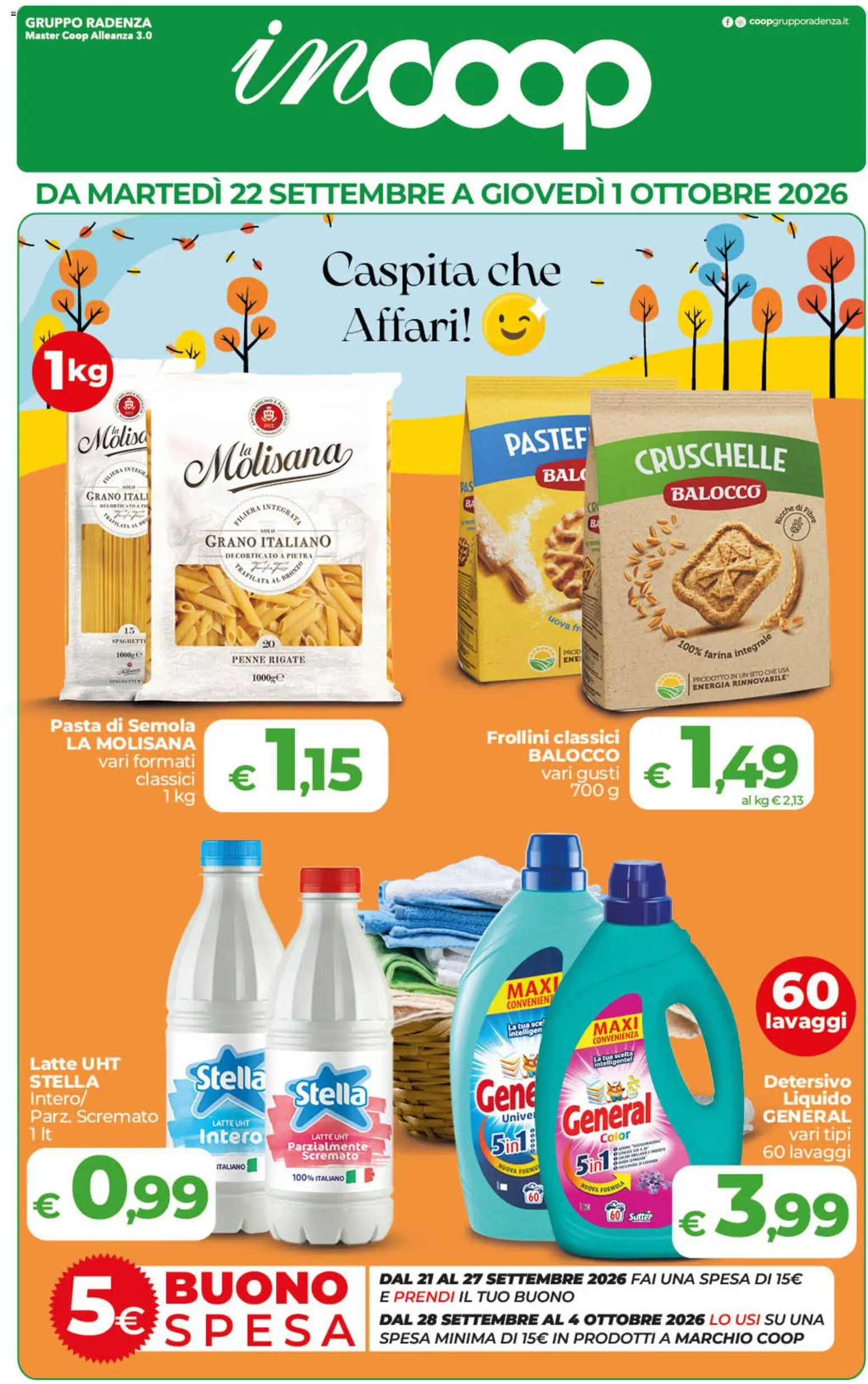 Volantino COOP del 22/09/2026 | Pagina: 1 | Prodotti: Pasta di semola, Latte, Farina, Penne