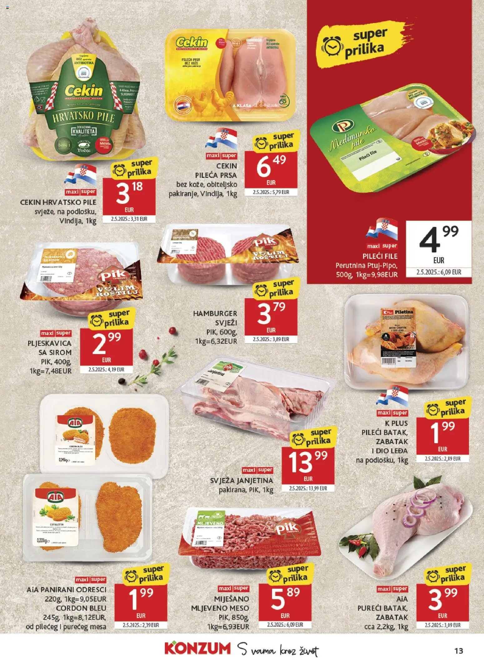 Konzum katalog | vrijedi od 12.08.2026 | Stranica: 13 | Proizvodi: Janjetina, Pileći file, Meso, Pileća prsa