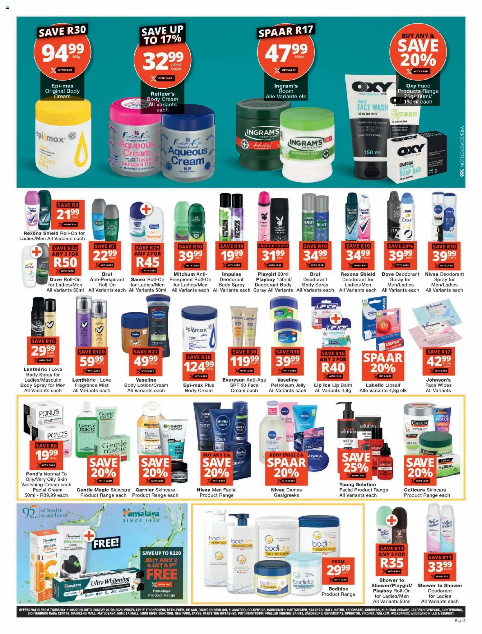 New Checkers catalogue – valid from 21.05.2026 | Page: 9 | Products: Tissue oil, Body cream, Soap, Clay