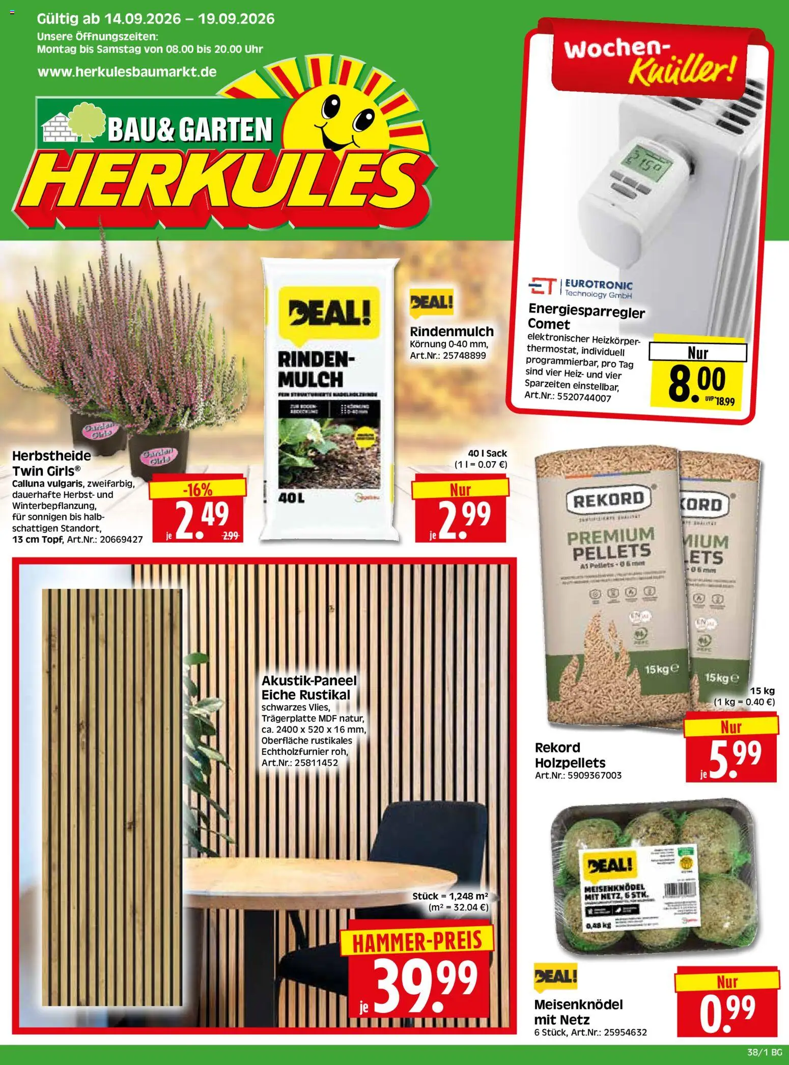 HERKULES Bau & Garten – gültig ab 14.09.2026 | Seite: 1 | Produkte: Rindenmulch, Heizkörper, Uhr
