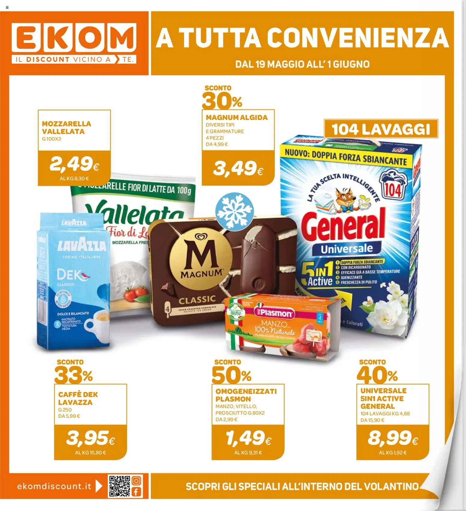 Volantino Ekom del 19.05.2026 | Pagina: 1 | Prodotti: Manzo, Bicarbonato, Mozzarella, Latte