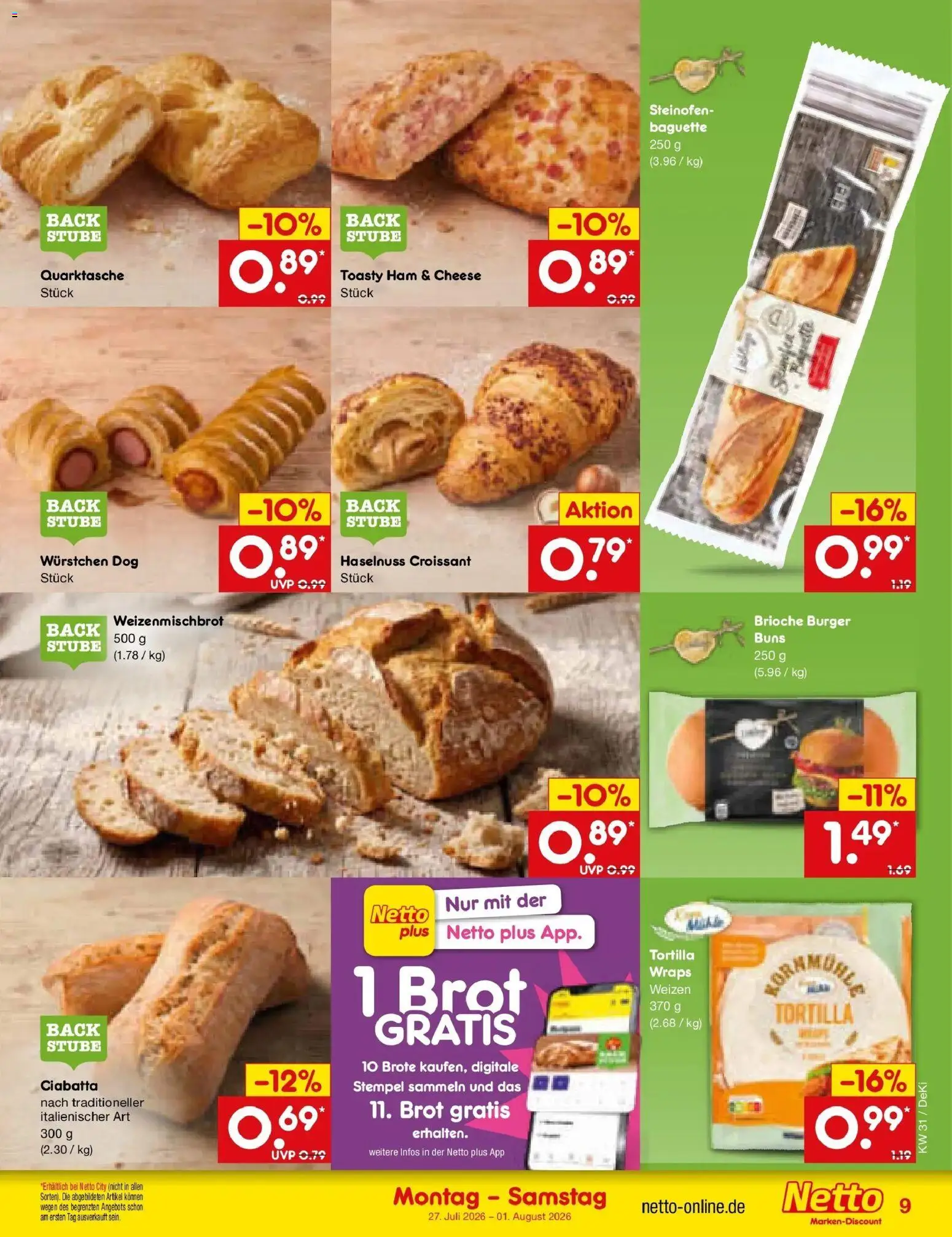 Netto Marken-Discount Prospekt Nürnberg – gültig ab 27.07.2026 | Seite: 11 | Produkte: Burger, Baguette, Croissant, Brot