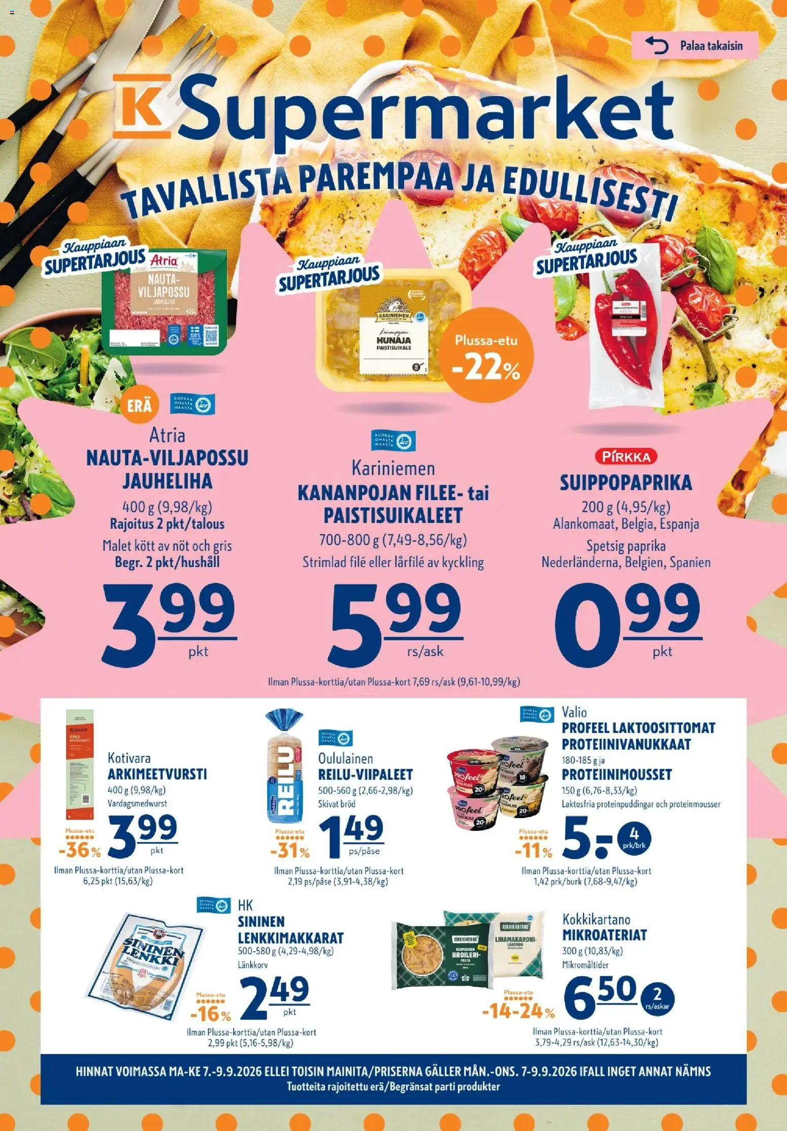 K-Supermarket tarjoukset – voimassa 07/09/2026 alkaen | Sivu: 1 | Tuotteet: Jauheliha, Paprika, Pasta, Hunaja