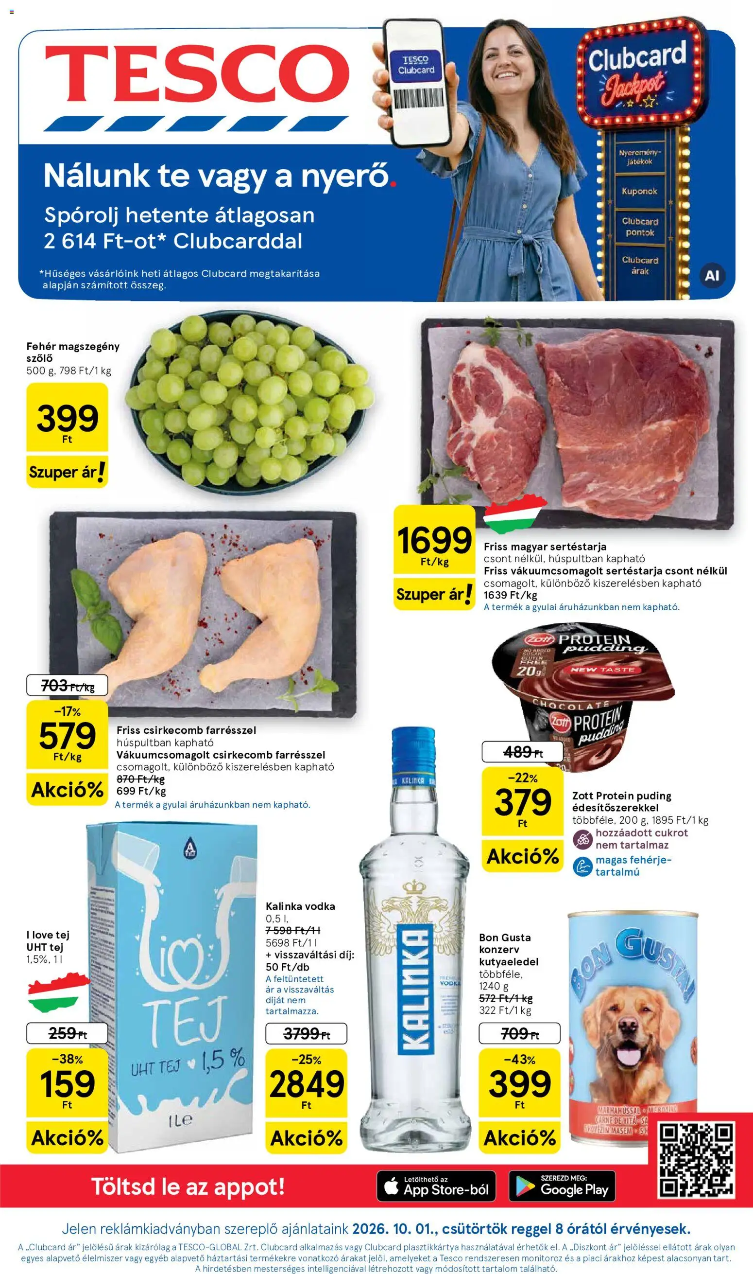 Tesco akciós ujság - amely érvényes a következő dátumtól: 2026.10.01. | Oldal: 1 | Termékek: Puding, Lé, Protein, Fehérje