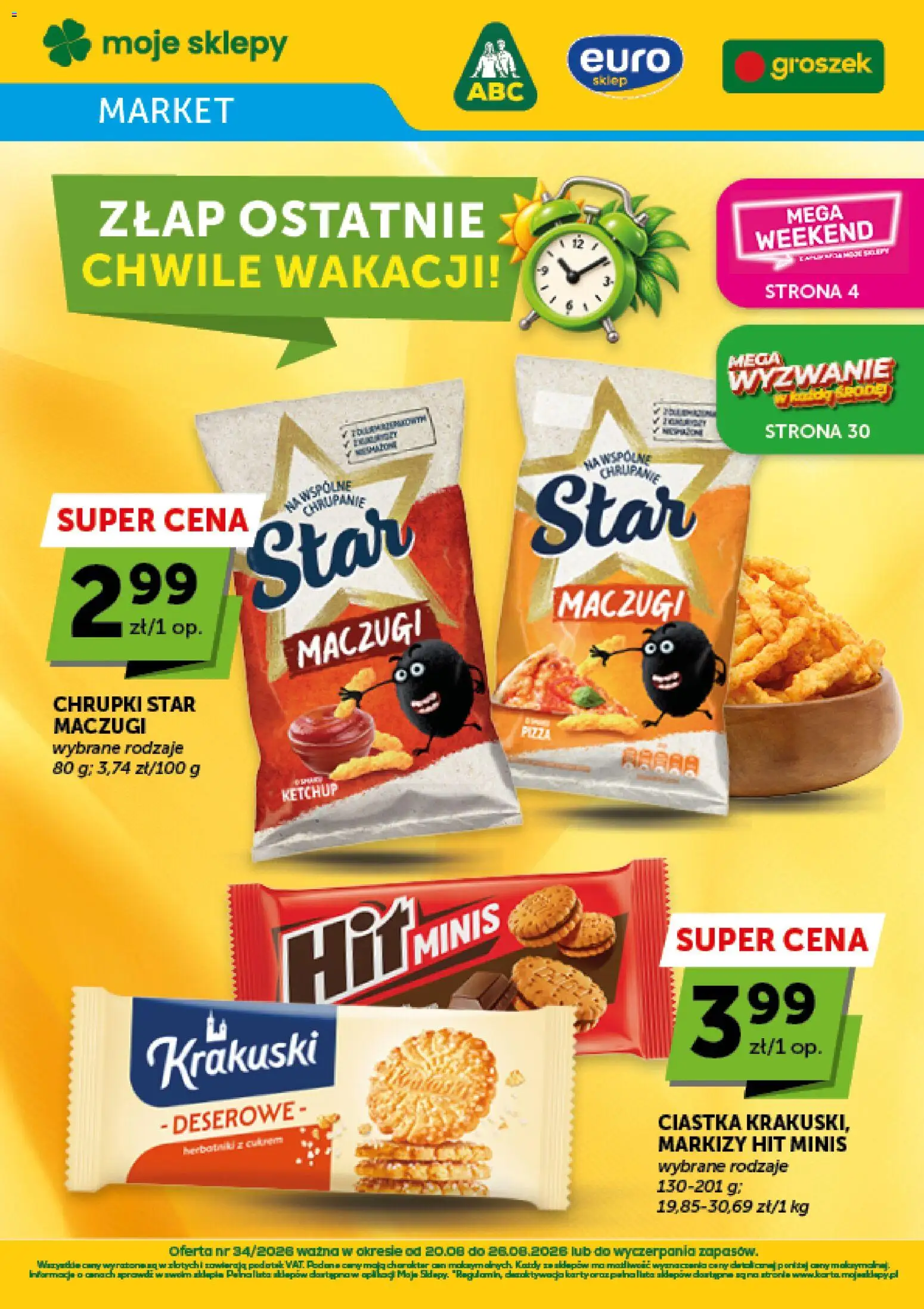 ABC gazetka - Market od 20.08.2026 | Strona: 1 | Produkty: Groszek, Chrupki, Pizza, Ciastka