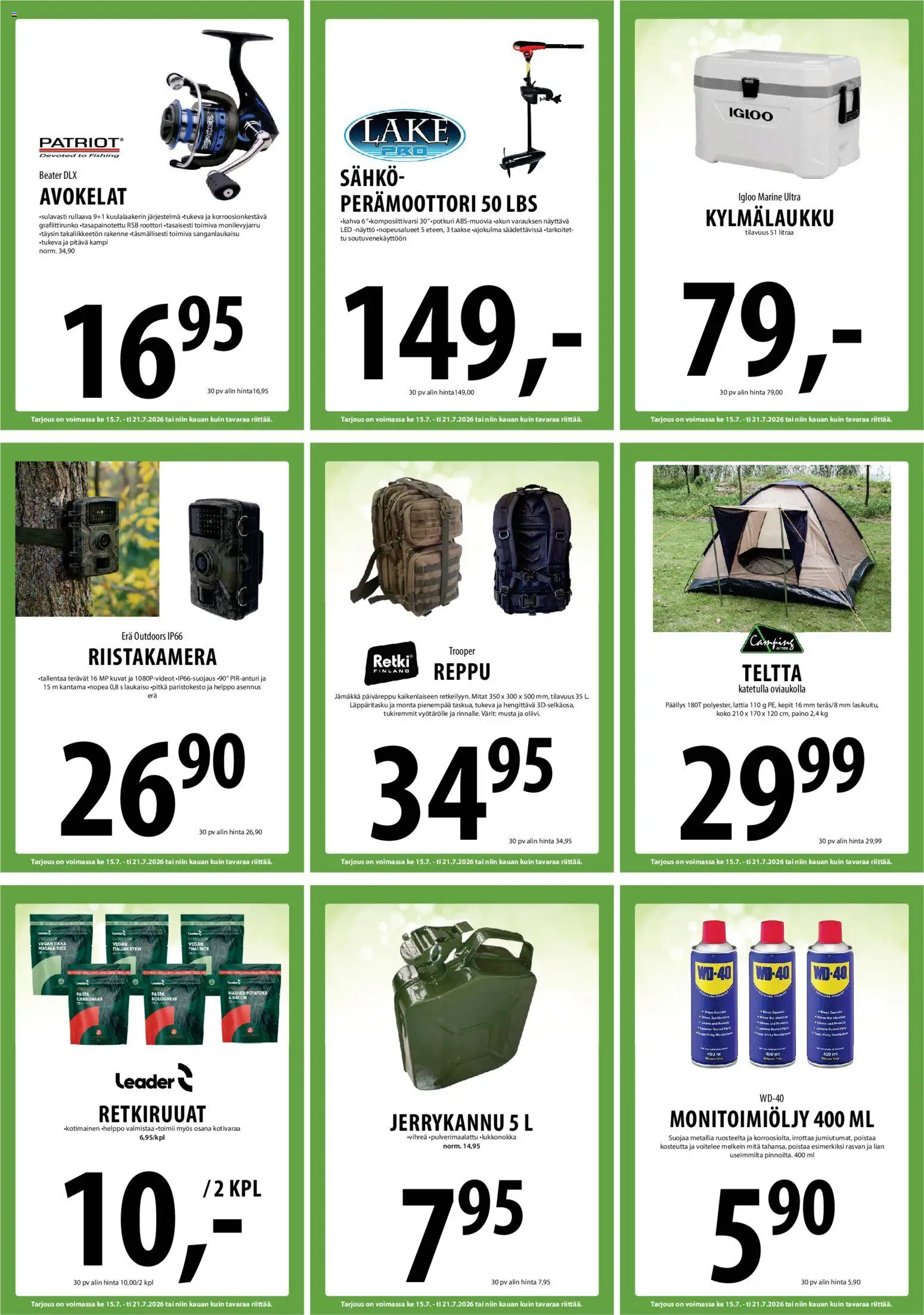 Tuuri tarjoukset – voimassa 15/07/2026 alkaen | Sivu: 31 | Tuotteet: Reppu, Pasta, Kylmälaukku, Teltta