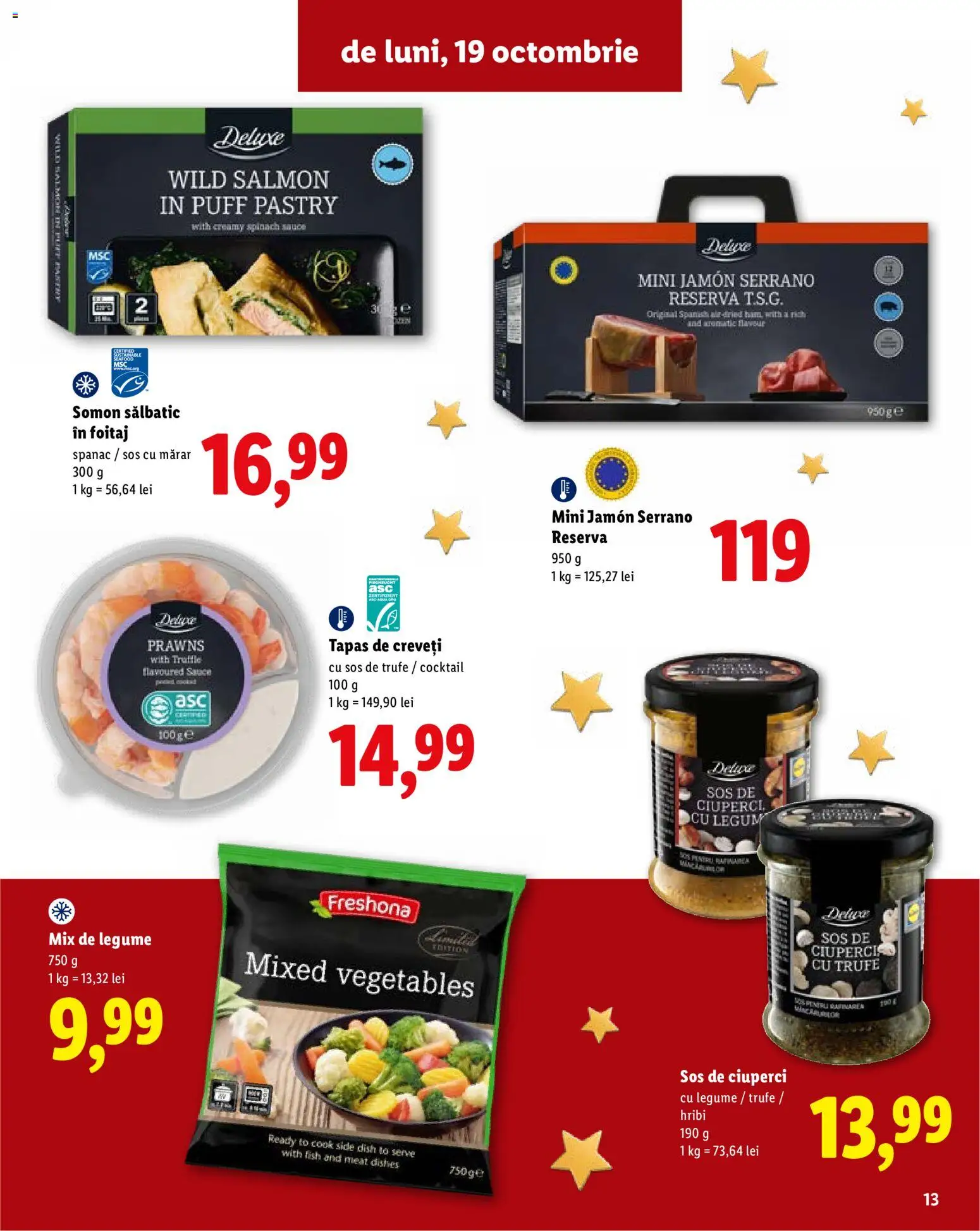 Noul catalog Lidl – valabil de la 19.10.2026 | Pagină: 13 | Produse: Ciuperci, Somon, Cocktail, Sos