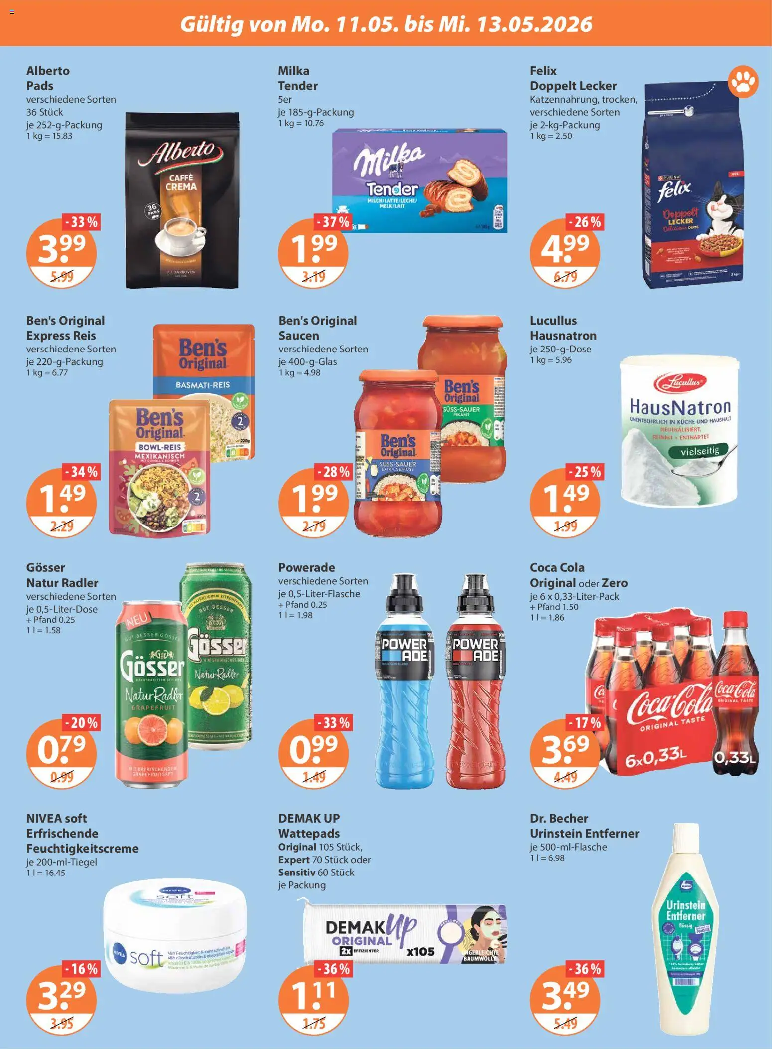 V-Markt Hallertau / Pberpfalz ab Montag – gültig ab 11.05.2026 | Seite: 3 | Produkte: Wattepads, Coca cola, Radler, Reis