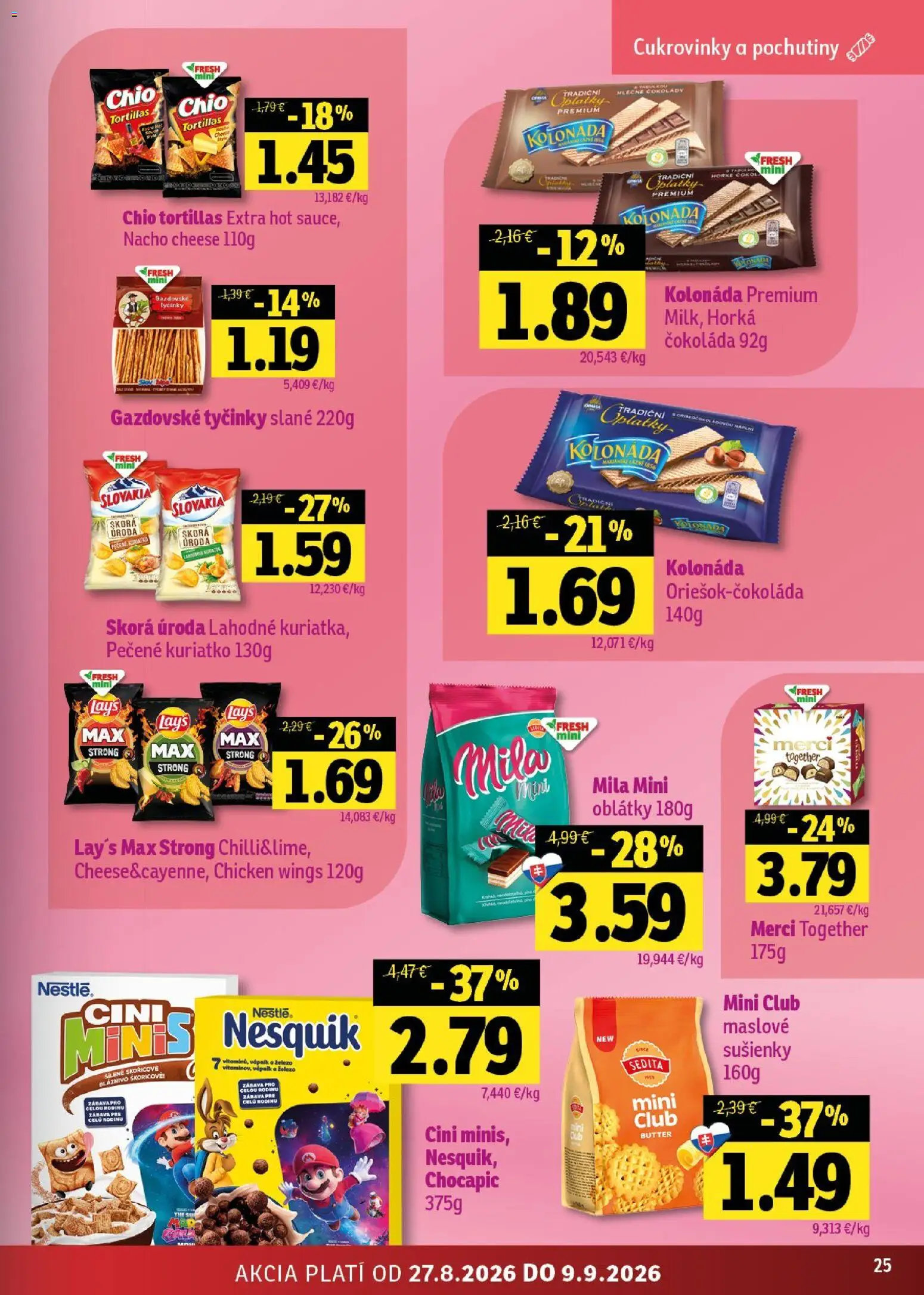 Nové Fresh akcie – leták je platný od 27.08.2026 | Strana: 25 | Produkty: Merci, Oblátky, Chocapic, Maslove sušienky