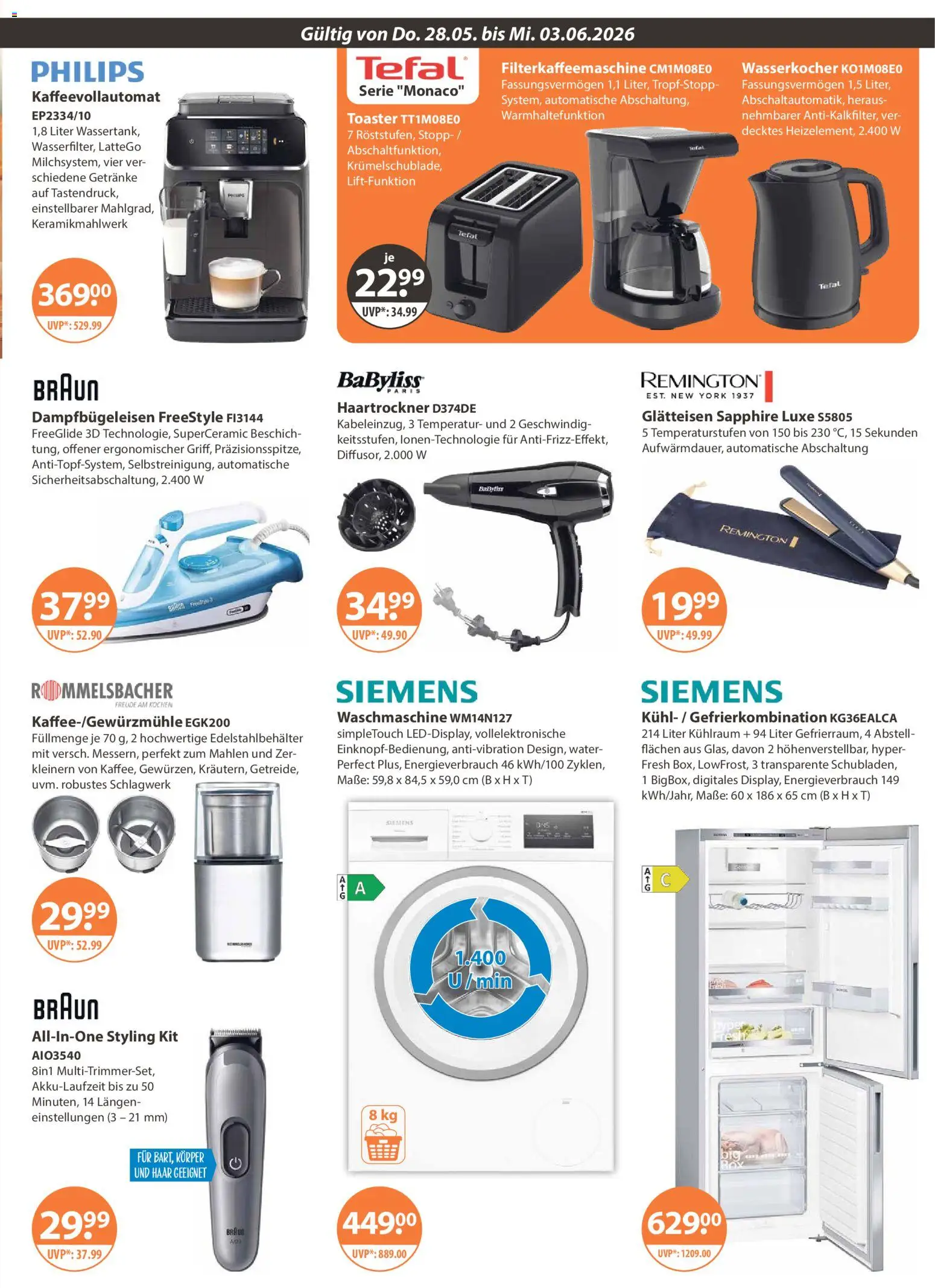 V-Markt Angebote – gültig ab 28.05.2026 | Seite: 15 | Produkte: Siemens, Haartrockner, Toaster, Kaffeevollautomat