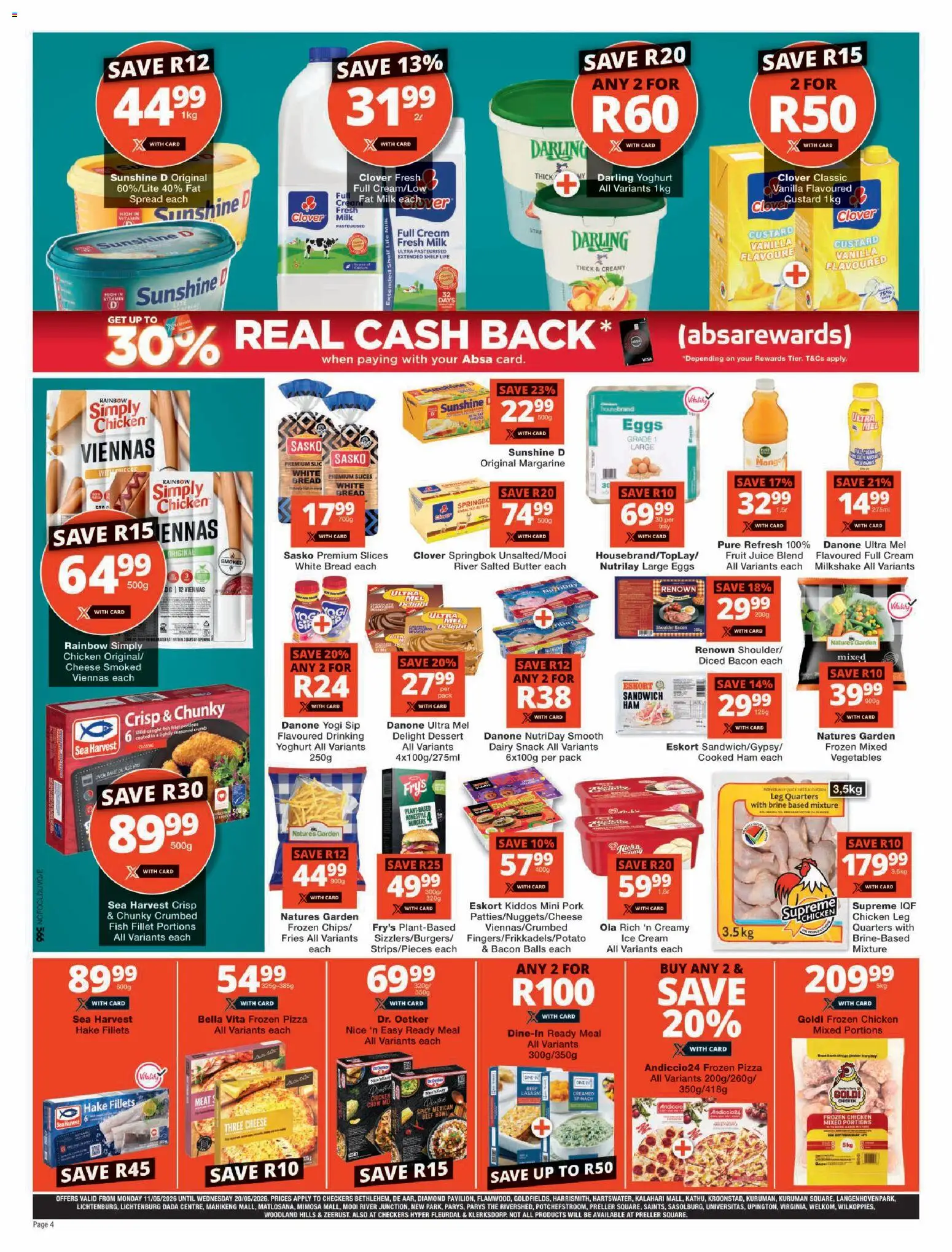 New Checkers catalogue – valid from 11.05.2026 | Page: 4 | Products: Yoghurt, Margarine, Fish, Burgers