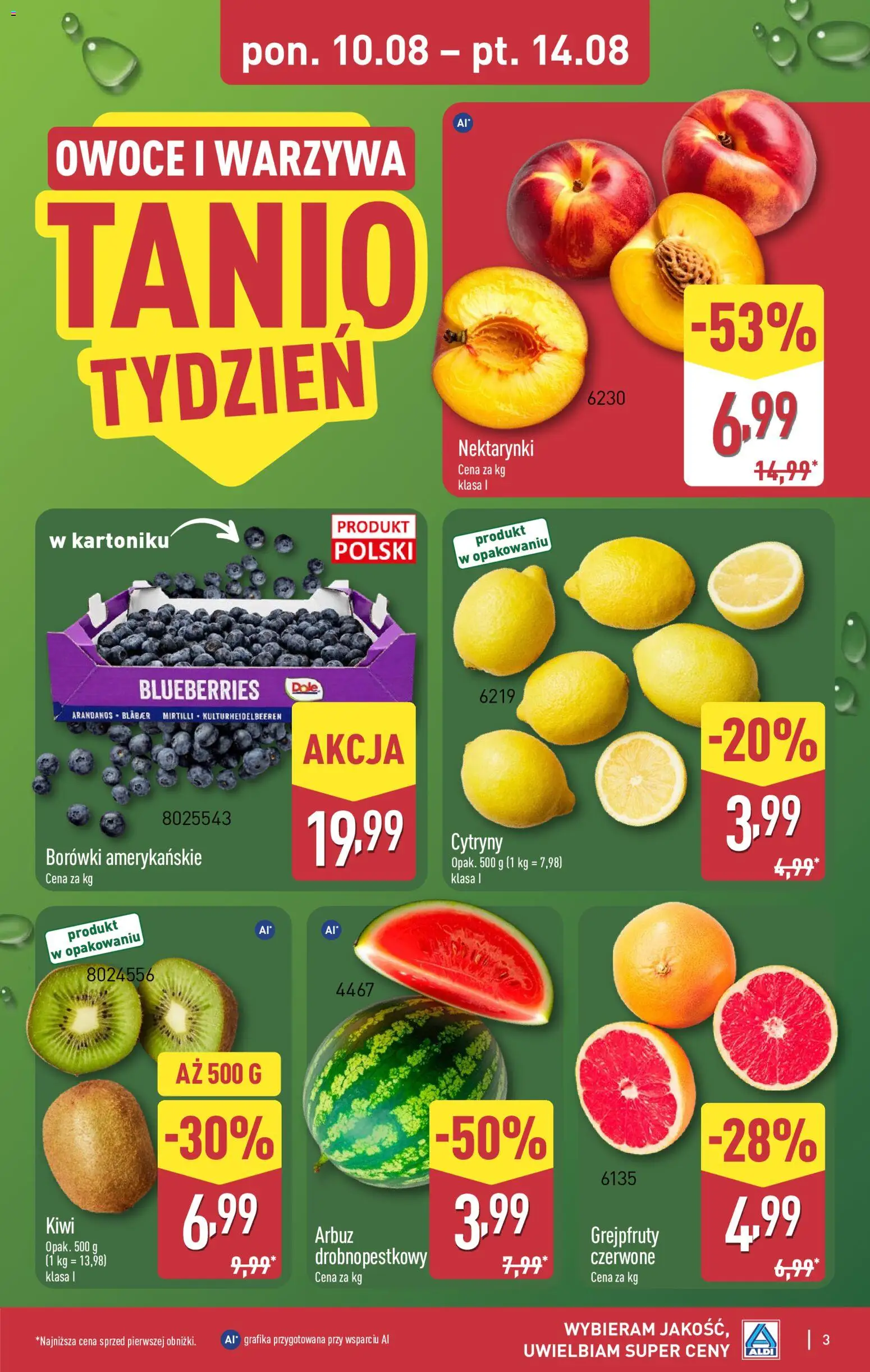 Aldi gazetka od 10.08.2026 | Strona: 3 | Produkty: Arbuz, Cytryny, Kiwi, Warzywa