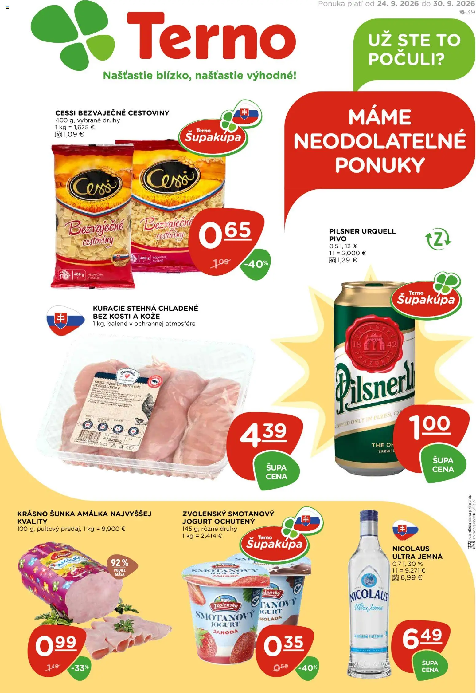 Nové Terno akcie – leták je platný od 24.09.2026 | Strana: 1 | Produkty: Pivo, Šunka, Cestoviny, Stehná