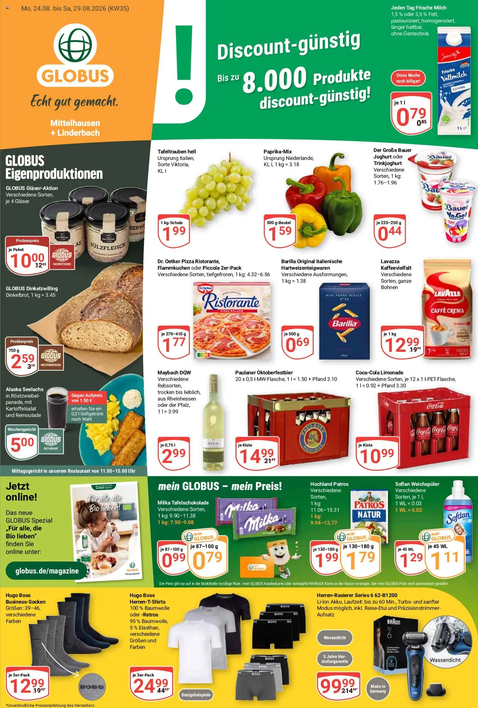 Globus Prospekt Erfurt – gültig ab 24.08.2026 | Seite: 3 | Produkte: Lavazza, Barilla, Milch 1,5%, Uhr