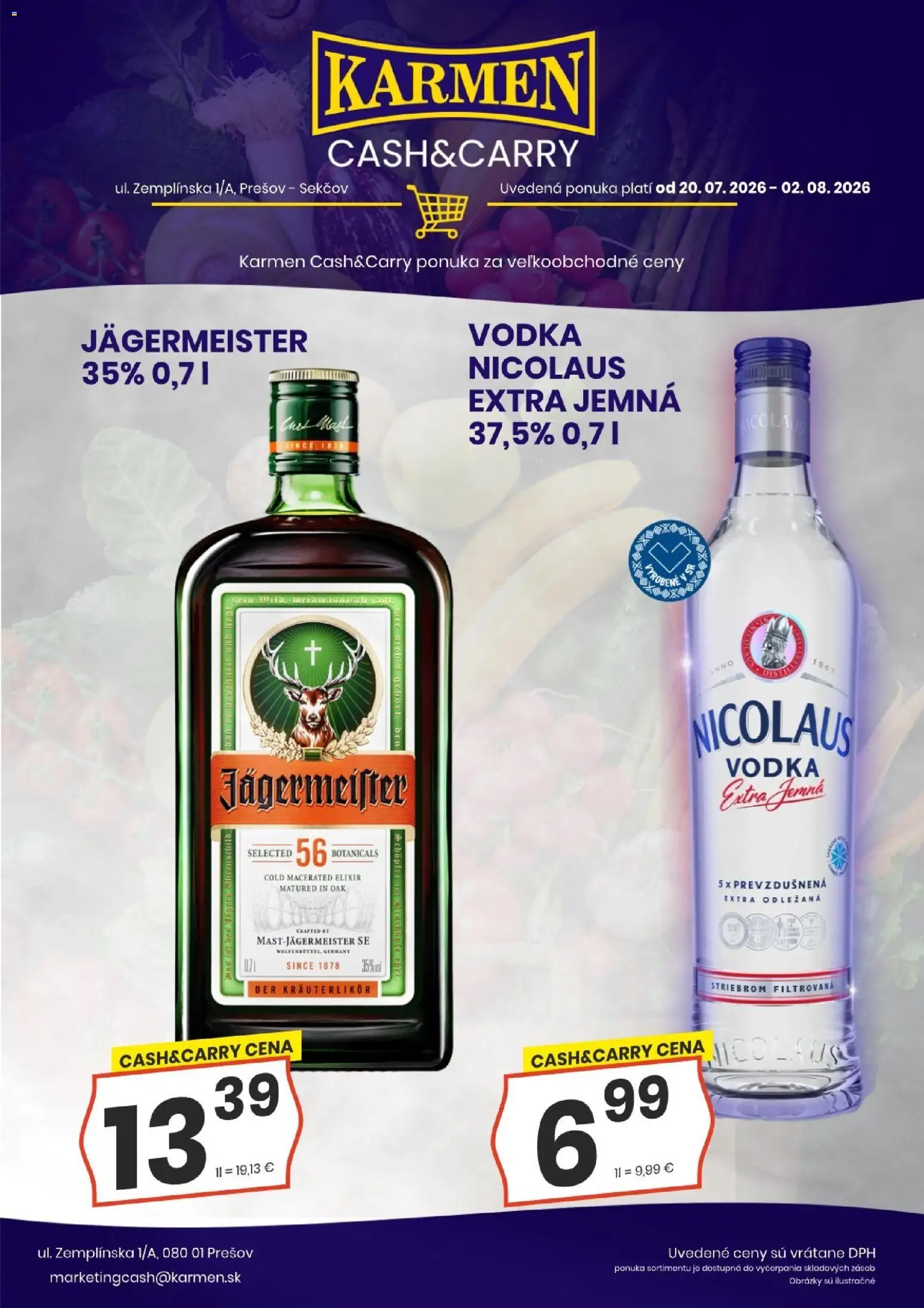 Nové KARMEN CBA akcie – leták je platný od 20.07.2026 | Strana: 1 | Produkty: Jägermeister, Vodka