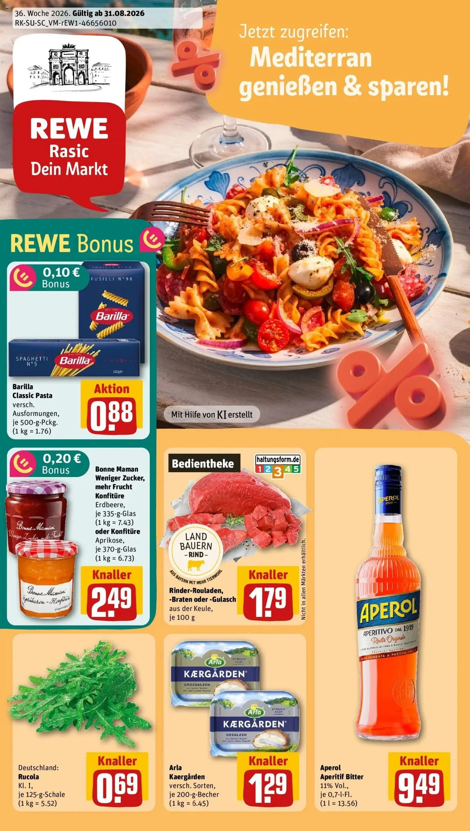 REWE Prospekt ab 31.08.2026 zum Blättern » Angebote | Seite: 1 | Produkte: Gulasch, Zucker, Pasta, Aperol