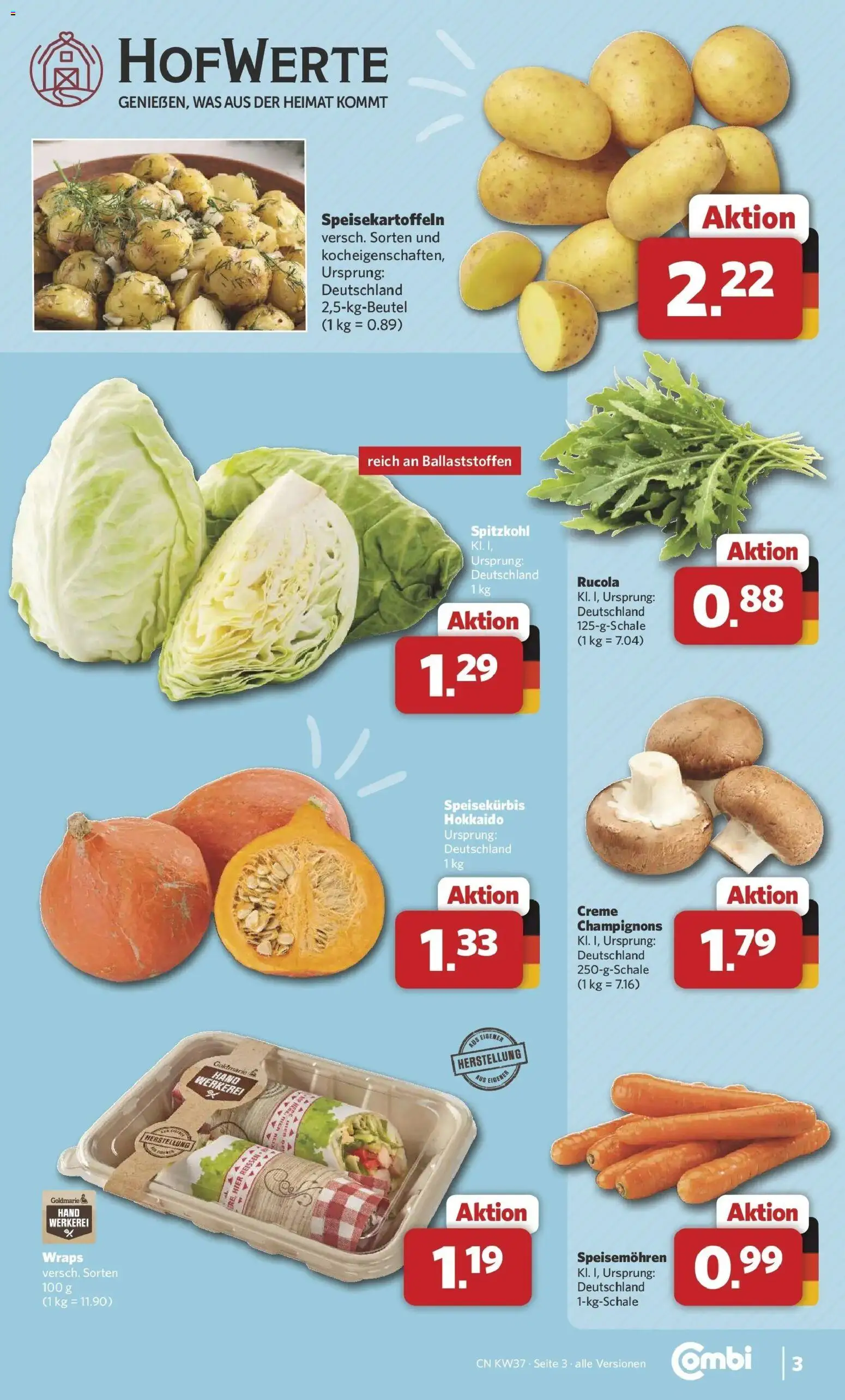 Combi Prospekt Apen – gültig ab 07.09.2026 | Seite: 3 | Produkte: Rucola, Creme, Champignons