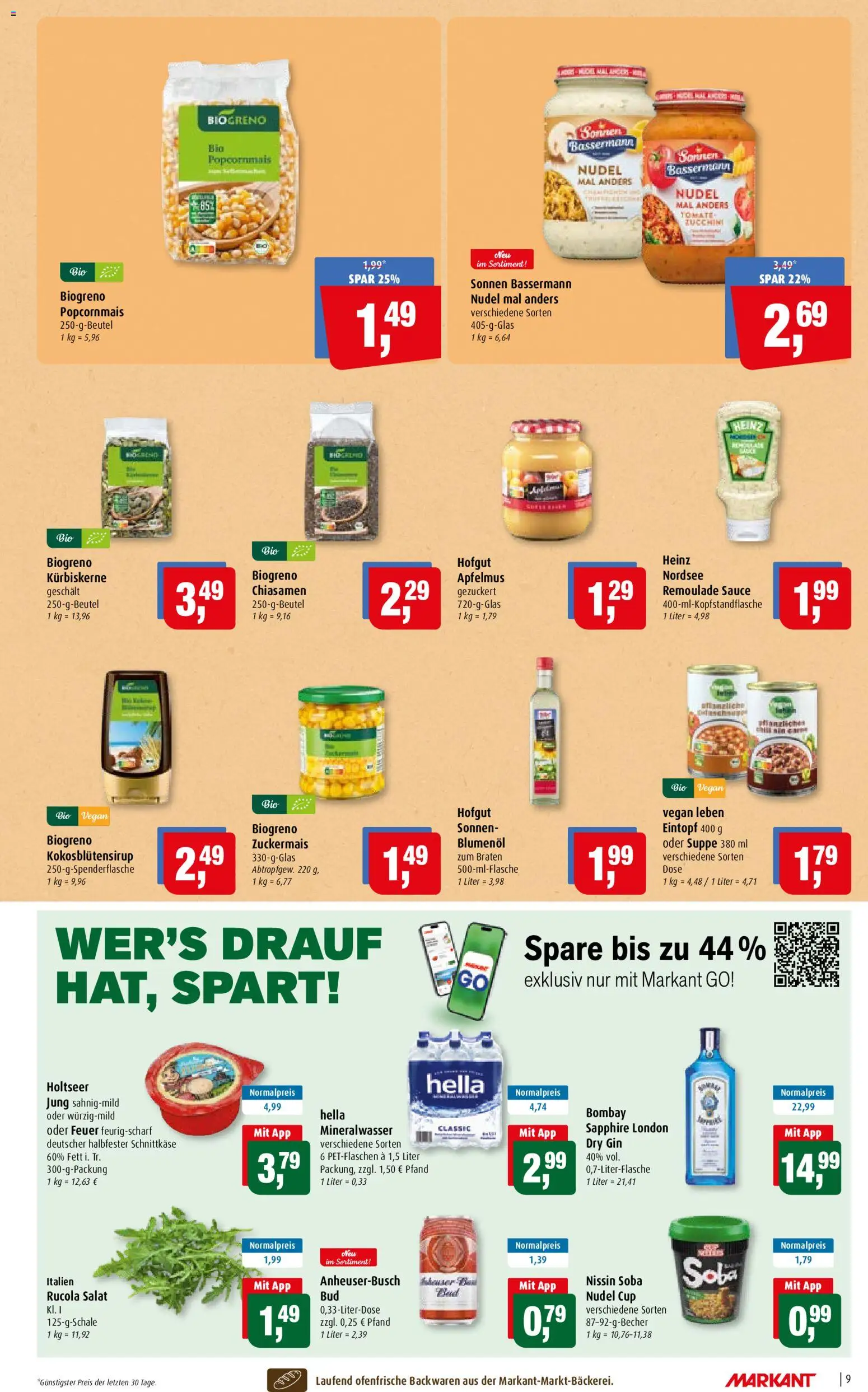 Markant Prospekt – gültig ab 29.06.2026 | Seite: 9 | Produkte: Mineralwasser, Hella, Gin, Salat