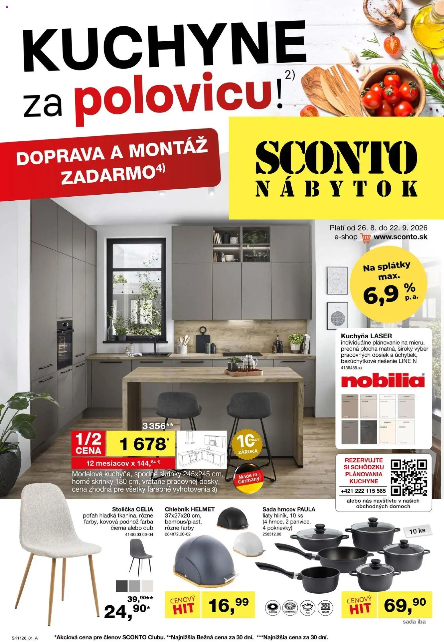 Nové Sconto nábytok akcie – leták je platný od 26.08.2026 | Strana: 1 | Produkty: Nábytok, Kuchyňa, Laser, Sada hrncov
