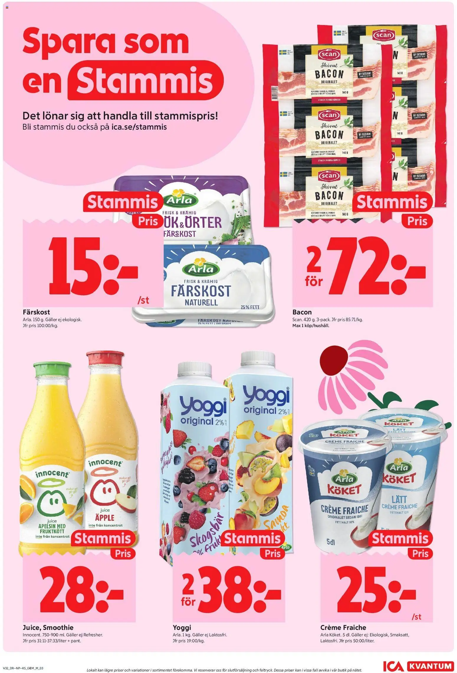 ICA Kvantum reklamblad aktuell från 03/08/2026 | Sida: 3 | Produkter: Bacon, Juice, Yoggi, Apelsin