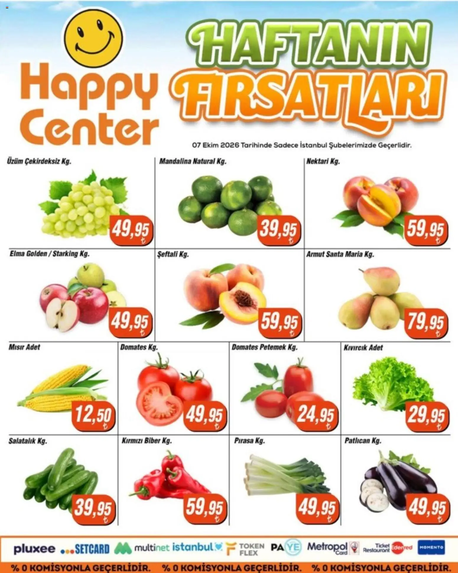Happy Center - Manav - 07 Ekim 2026 tarihinden itibaren geçerlidir | Sayfa: 1 | Ürünler: Elma, Mandalina, Kırmızı biber, Üzüm