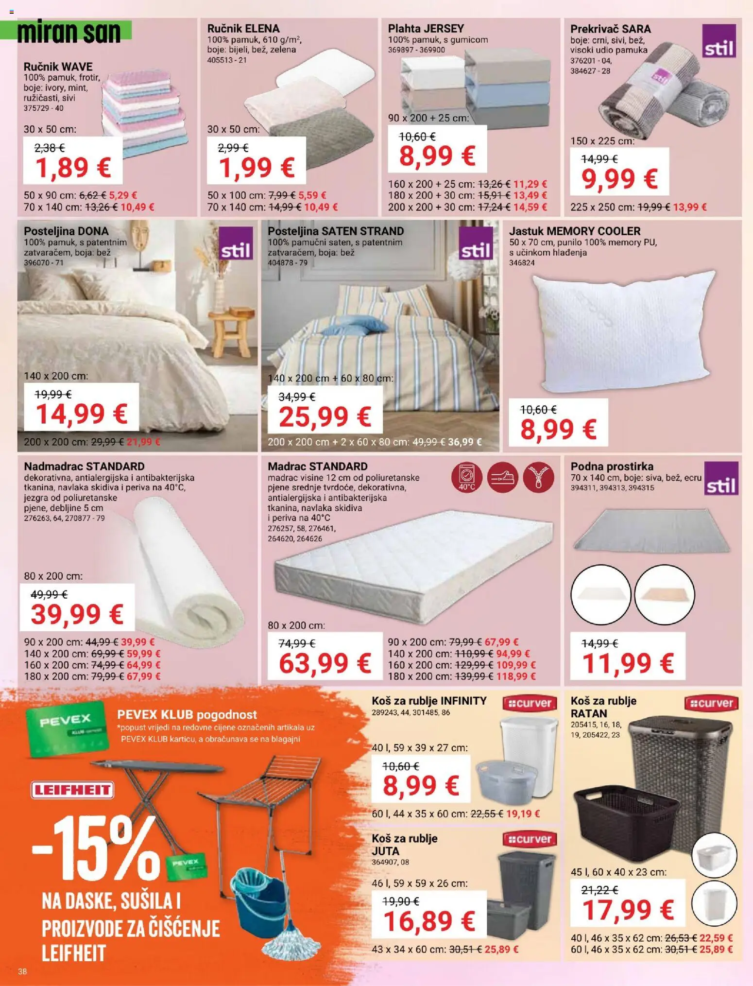 Pevex katalog | vrijedi od 03.04.2026 | Stranica: 38 | Proizvodi: Madrac, Jastuk, Posteljina, Nadmadrac