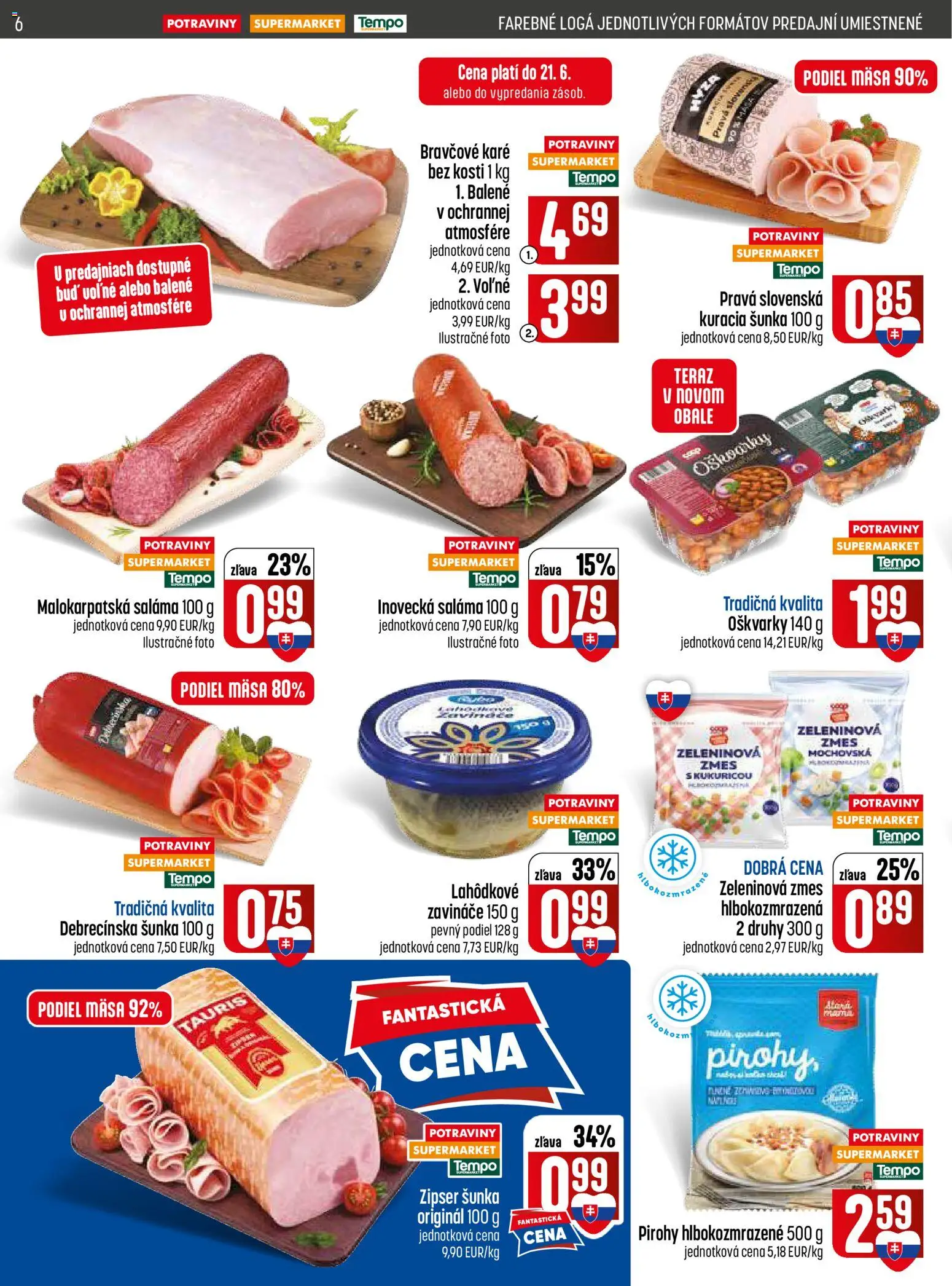 Nové COOP Jednota akcie – leták je platný od 18.06.2026 | Strana: 6 | Produkty: Pirohy, Saláma, Šunka, Bravčové karé