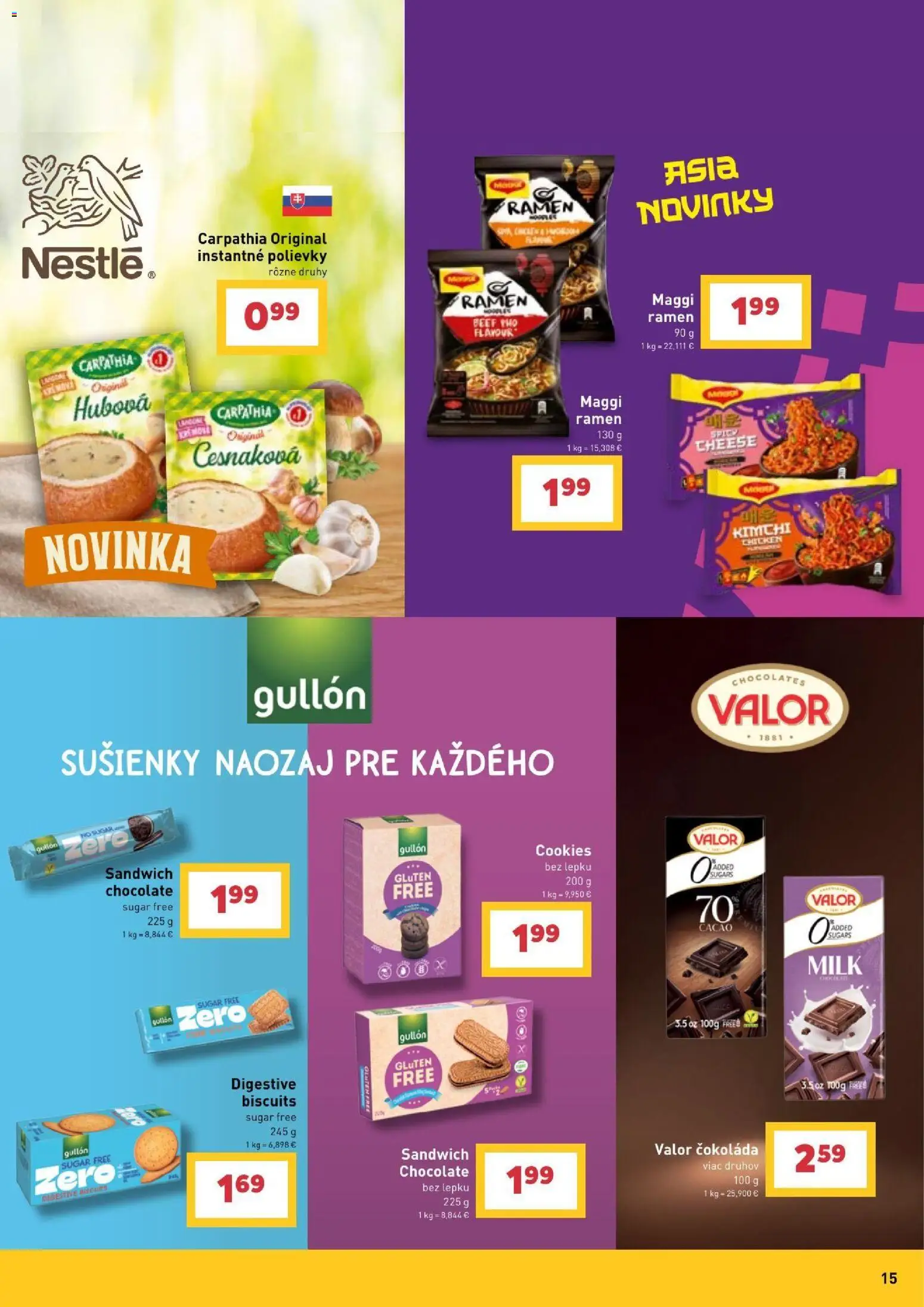Nové Billa akcie – leták je platný od 30.09.2026 | Strana: 15 | Produkty: Sušienky, Polievky, Čokoláda, Kimchi