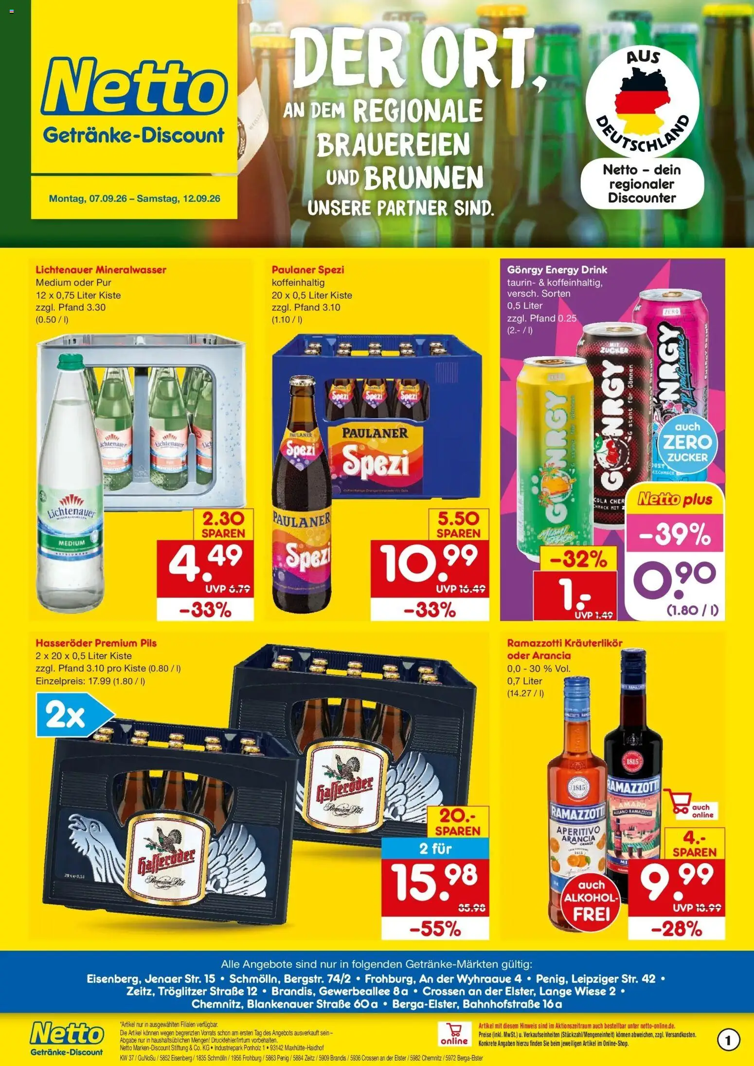 Netto Marken-Discount Prospekt Zeitz – gültig ab 07.09.2026 | Seite: 1 | Produkte: Cola, Alkohol, Hasseröder, Paulaner