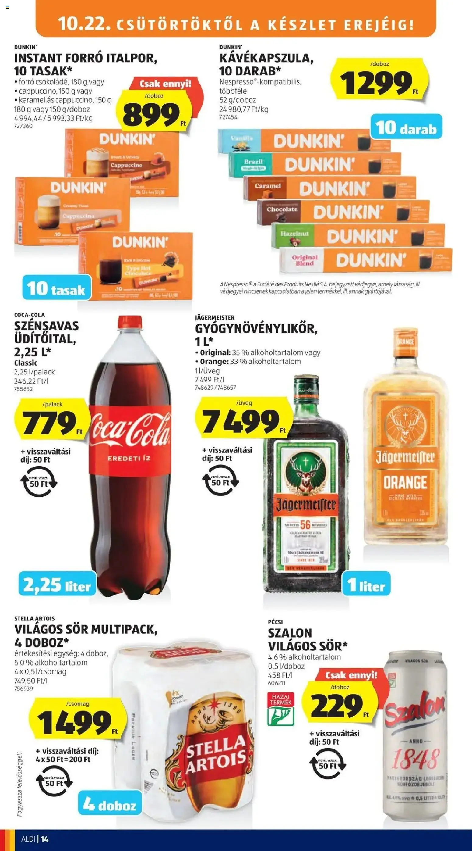 Aldi akciós ujság - amely érvényes a következő dátumtól: 2026.10.17. | Oldal: 14 | Termékek: Jägermeister, Cappuccino, Világos sör, Sör
